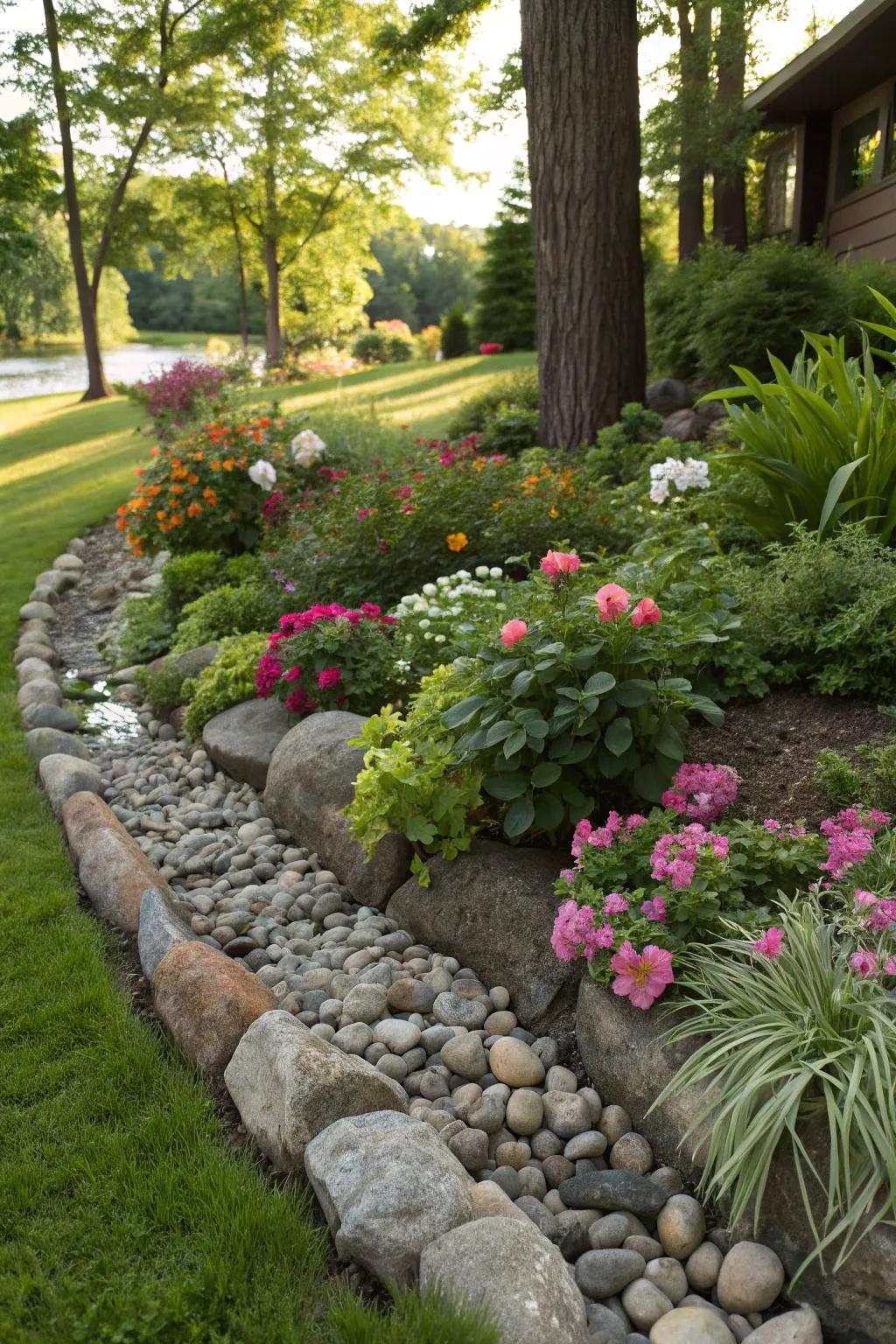 Stream stone borders offer uncluttered, distinct boundaries.