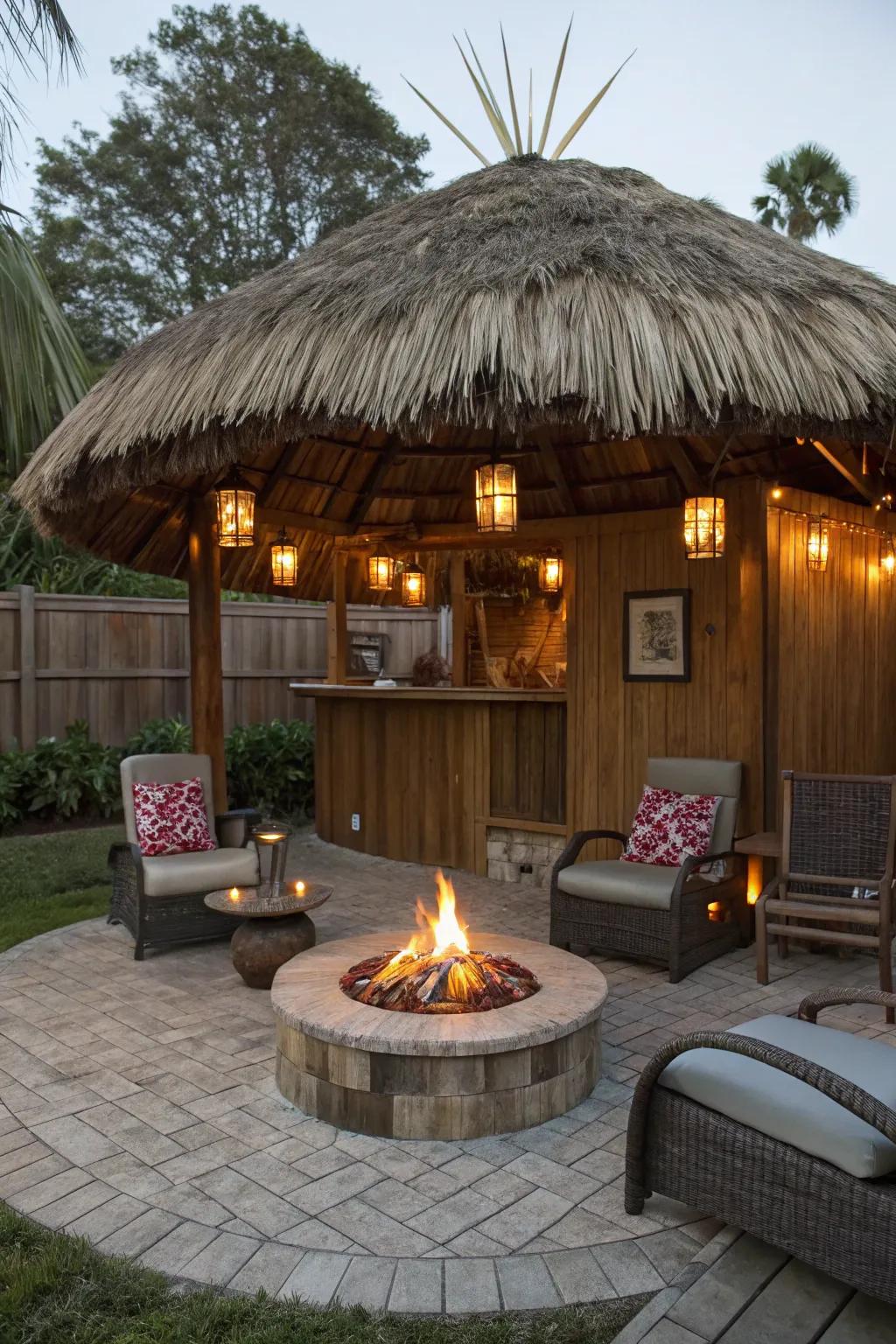 A fire pit adds warmth and a gathering point for your tiki hut.