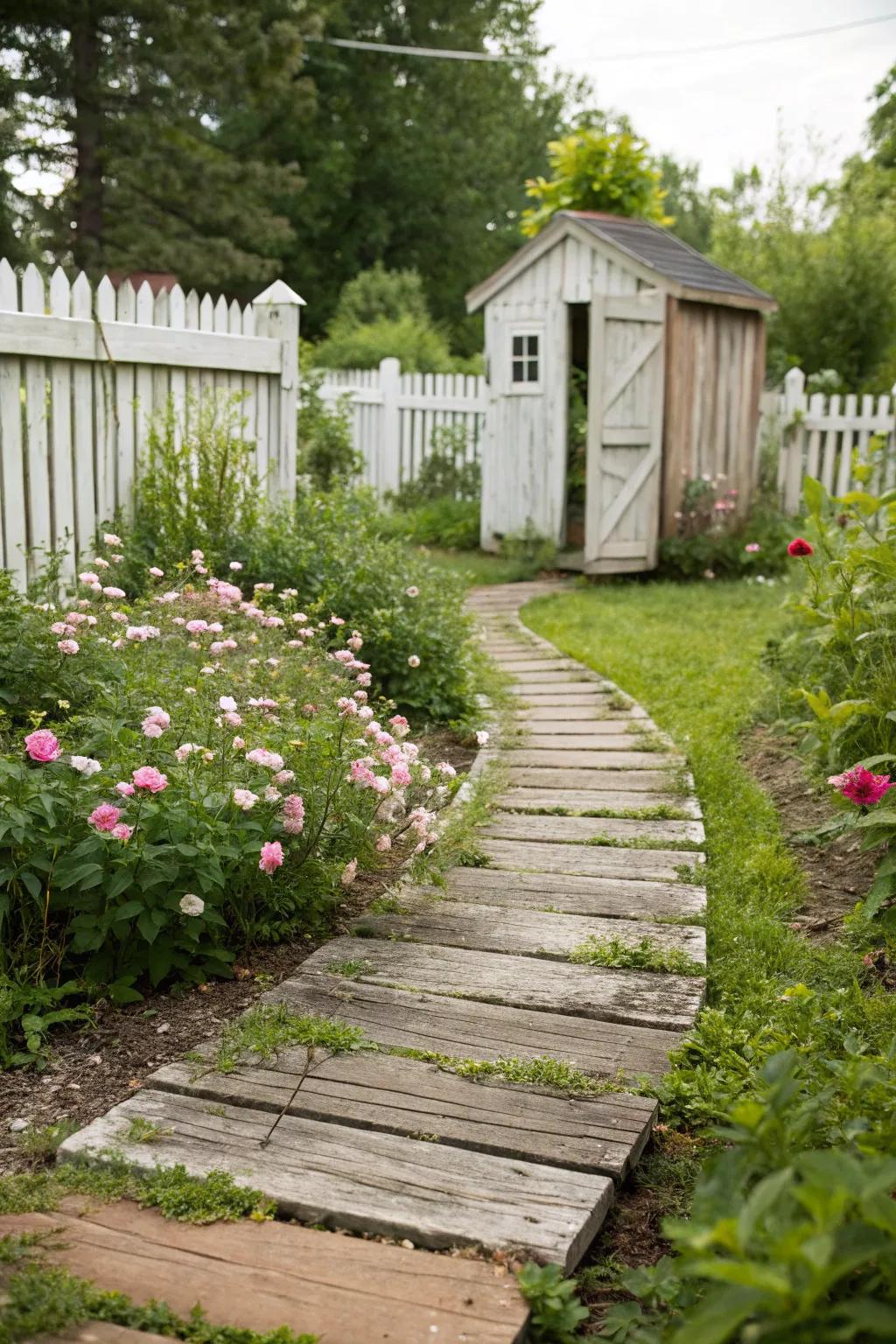 A countryside wooden plank path crafting a natural trail in a backyard.