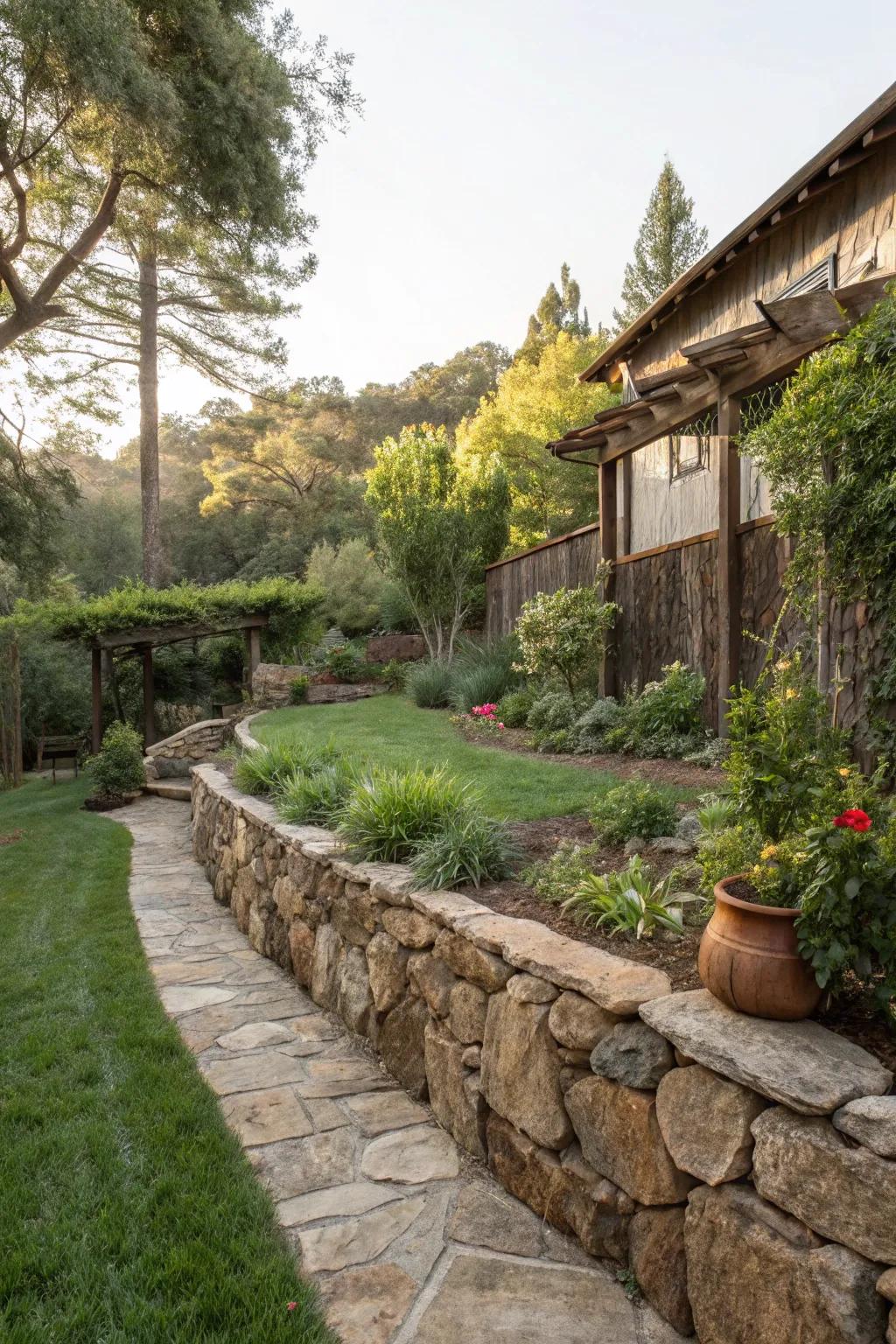 Stone retaining walls add rustic charm.