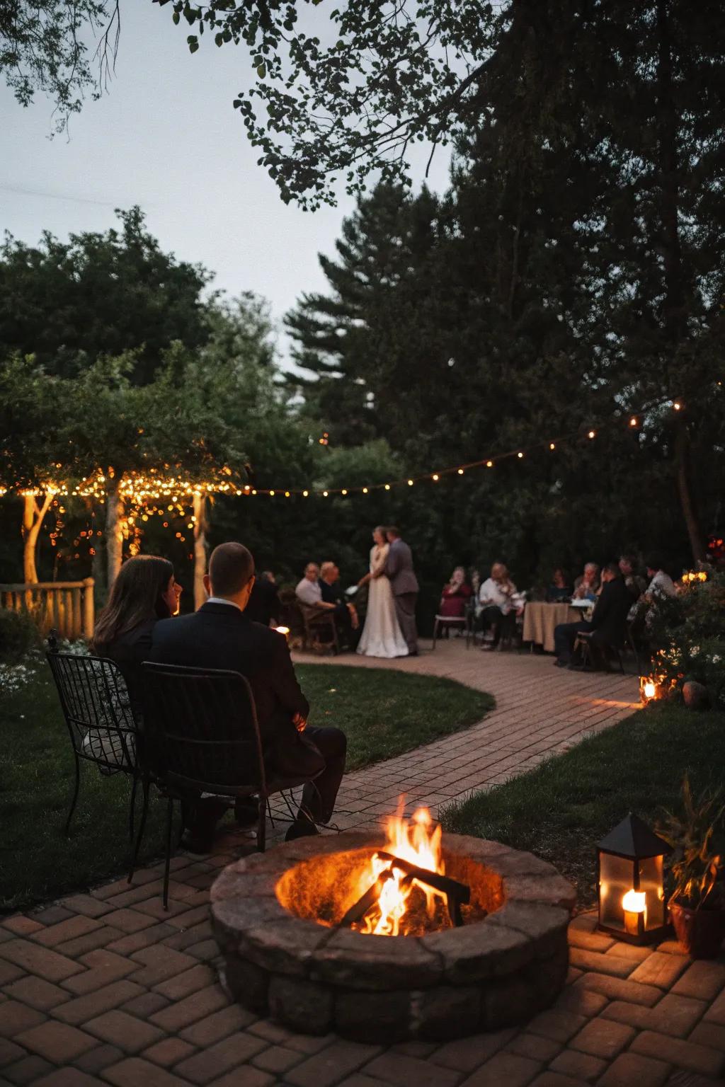 A comfy bonfire spot delivers a warm meeting space for attendees.