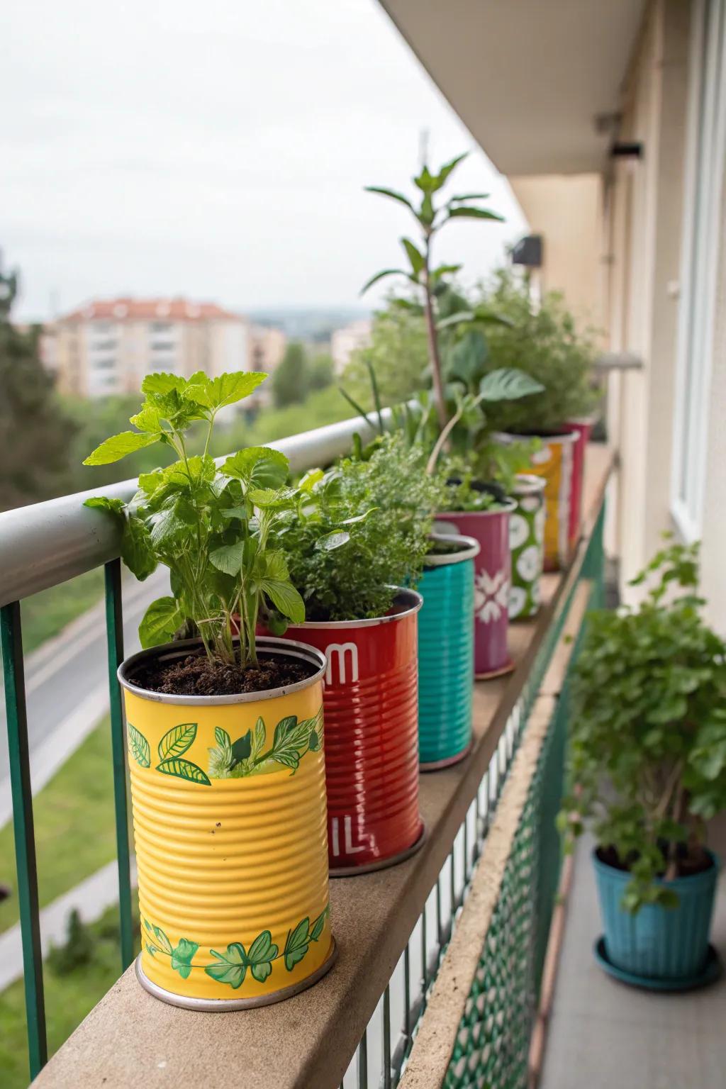 Repurposed tin cans create charming, eco-conscious containers for growing herbs.