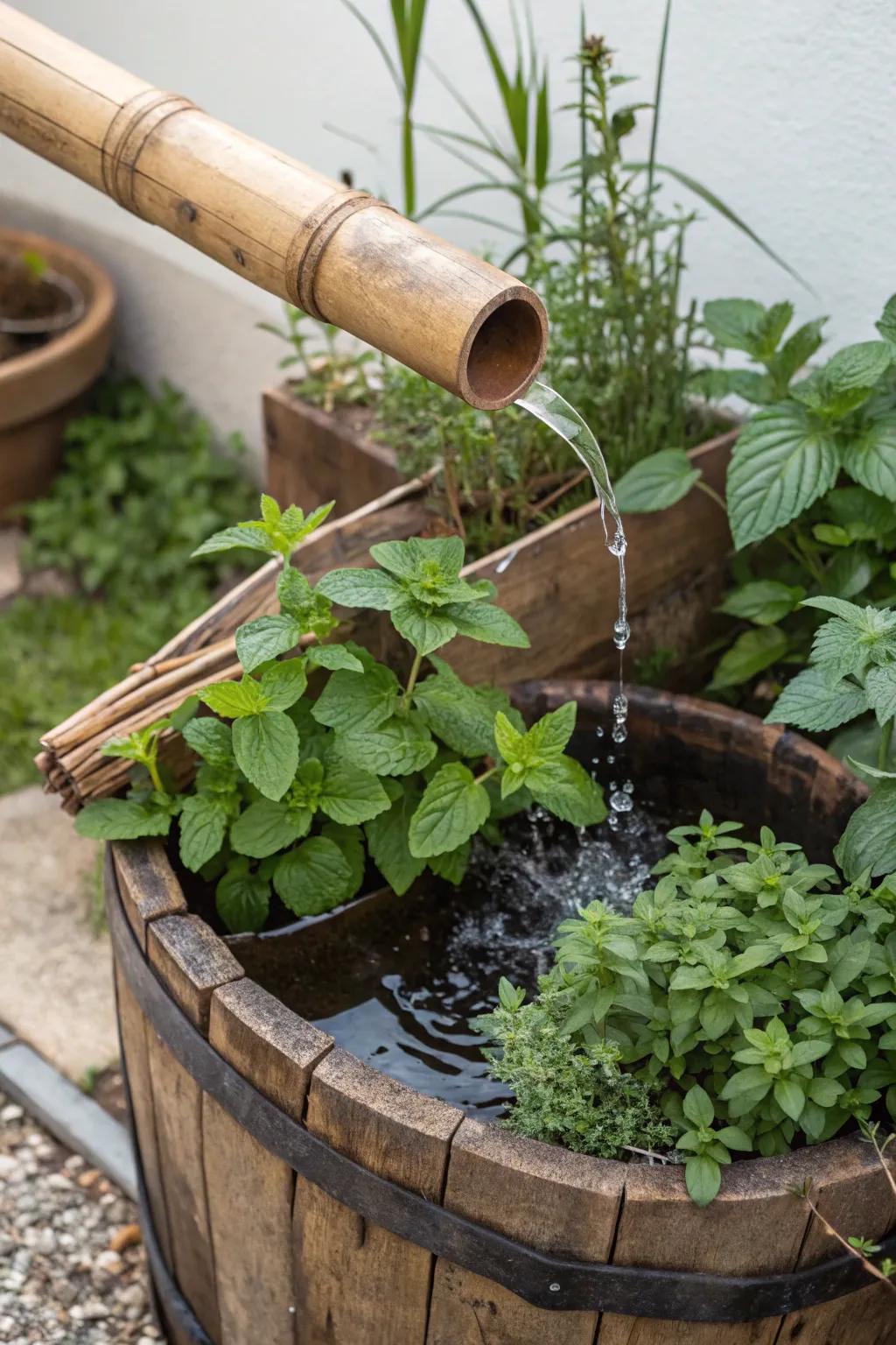 A rustic bamboo fountain with a wooden barrel base in a garden setting.