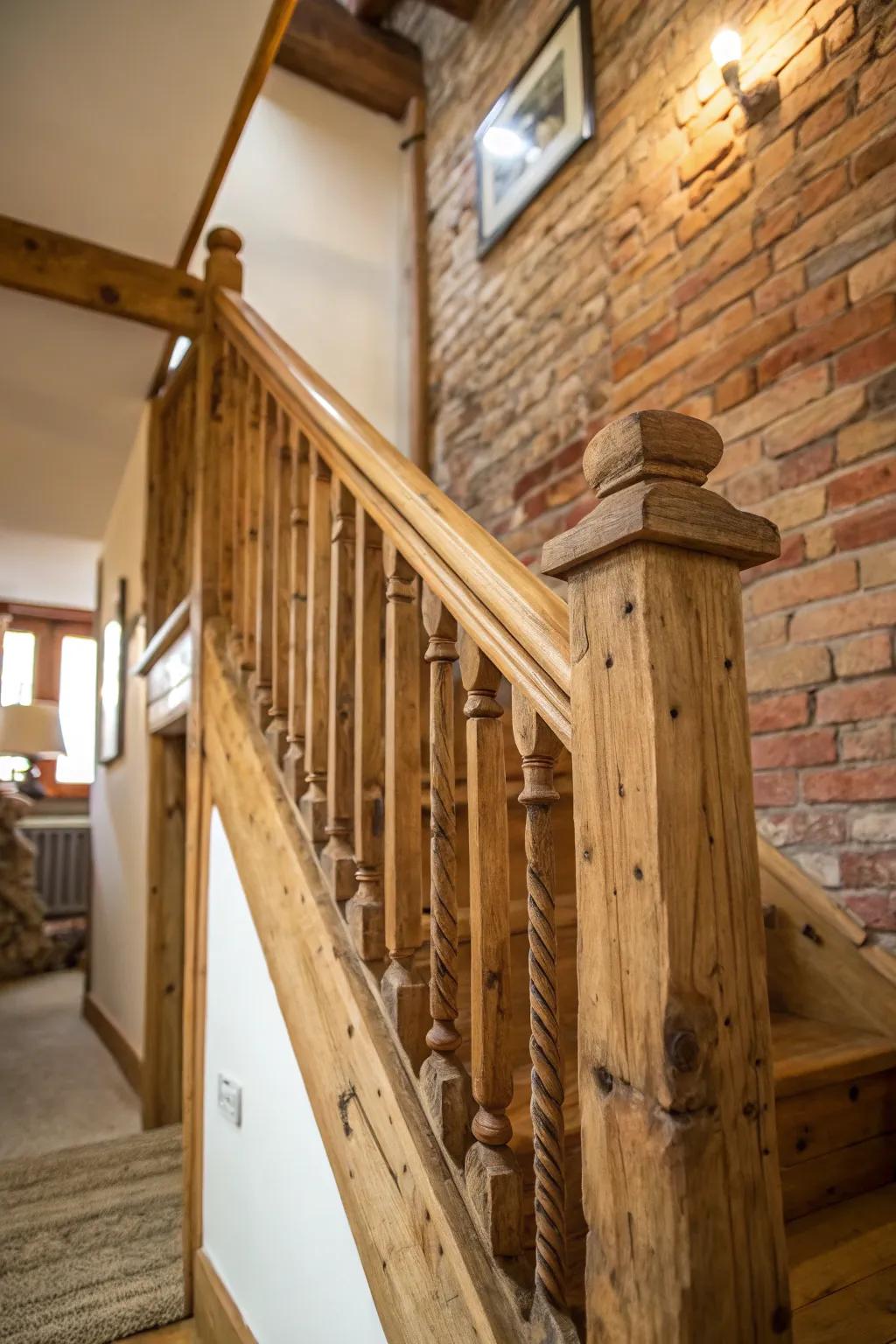 A wood banister set against exposed brick exudes rustic appeal.