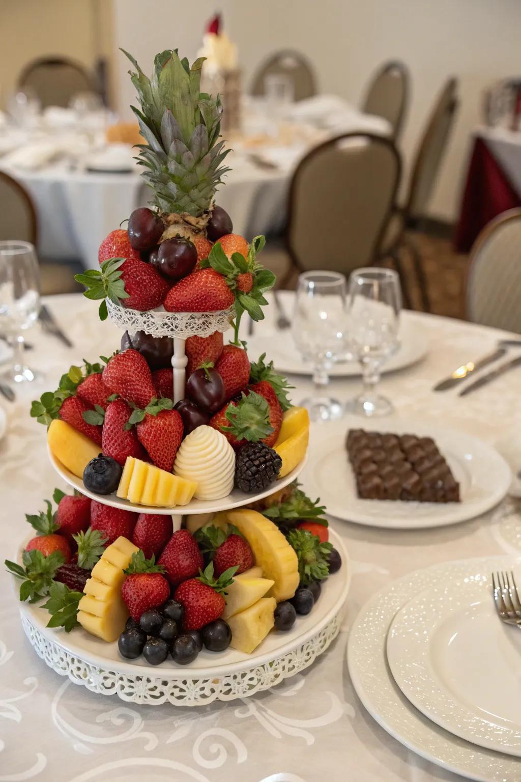 An alluring edible centerpiece composed of fruits and chocolates.