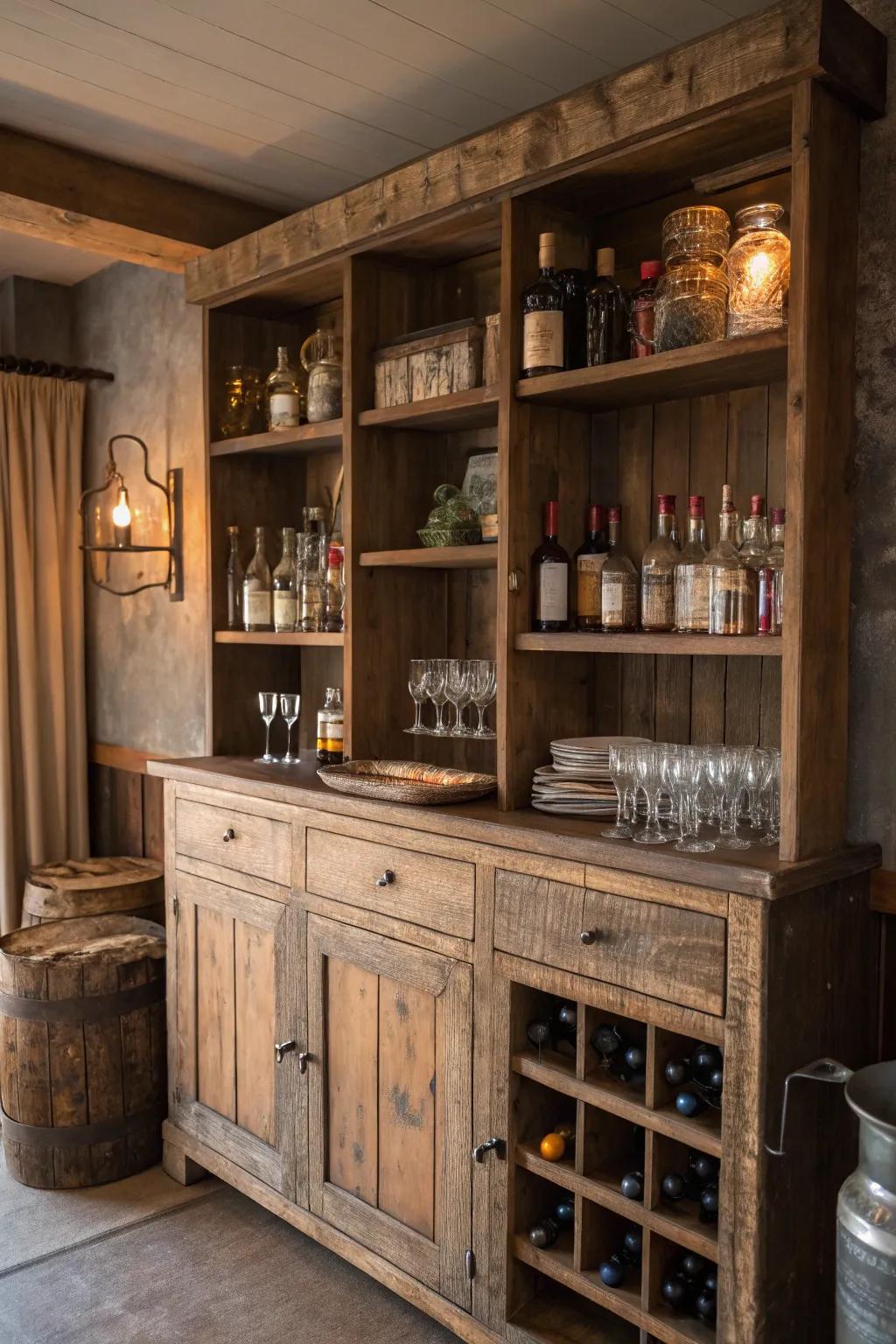 Comfort and charm radiate from this rustic wooden bar cabinet.