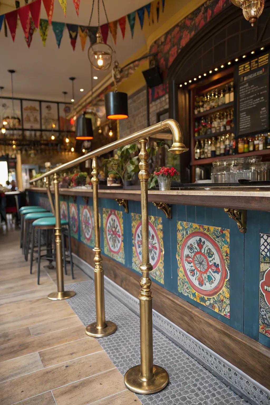 An eclectic vibe from a vibrant foot rail combining metal and brass.