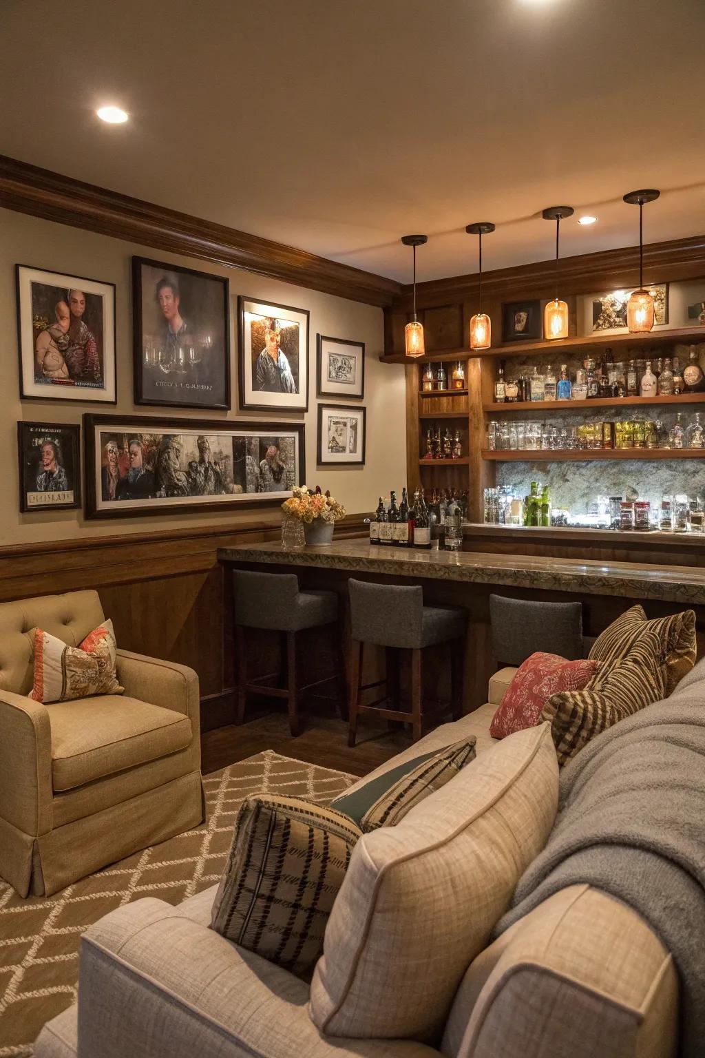 An inviting home bar arrangement enriched with personal elements.