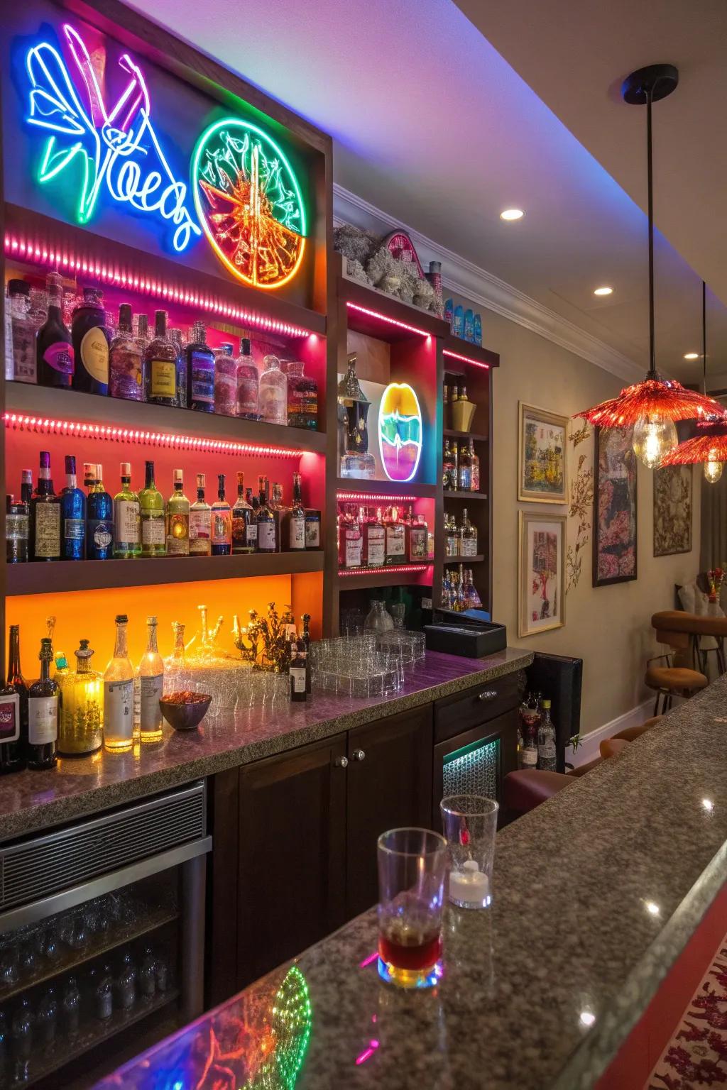 Neon signs inject a bold and colorful ambiance into the bar.