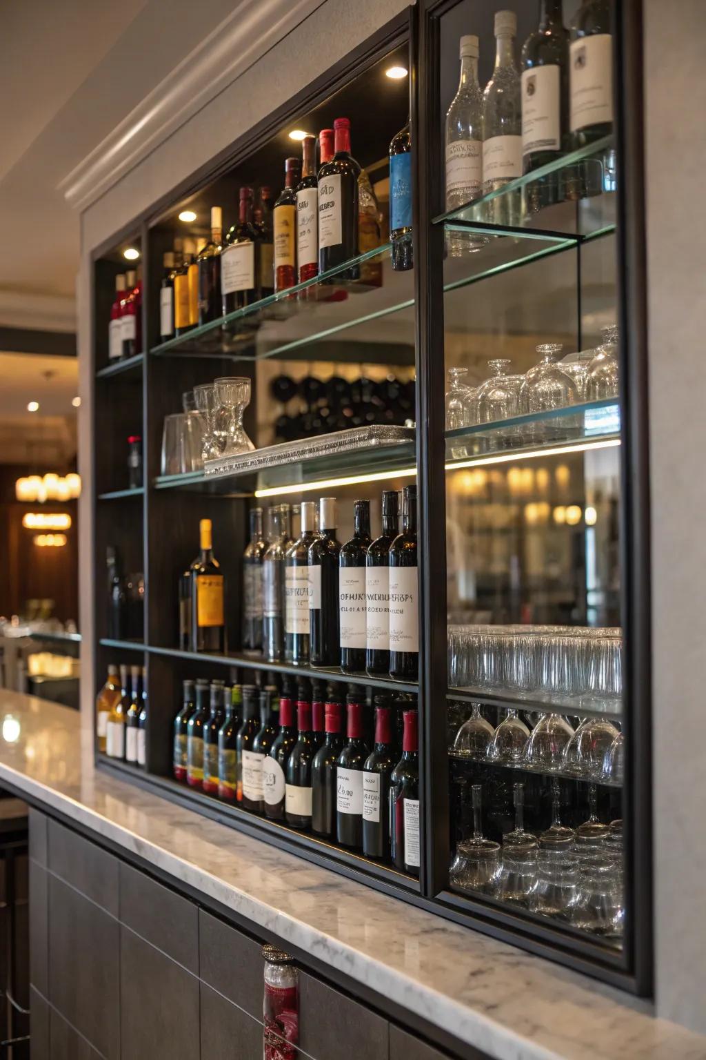 Bottle storage that is integrated into a bar mirror creates a sense of elegance and functionality.