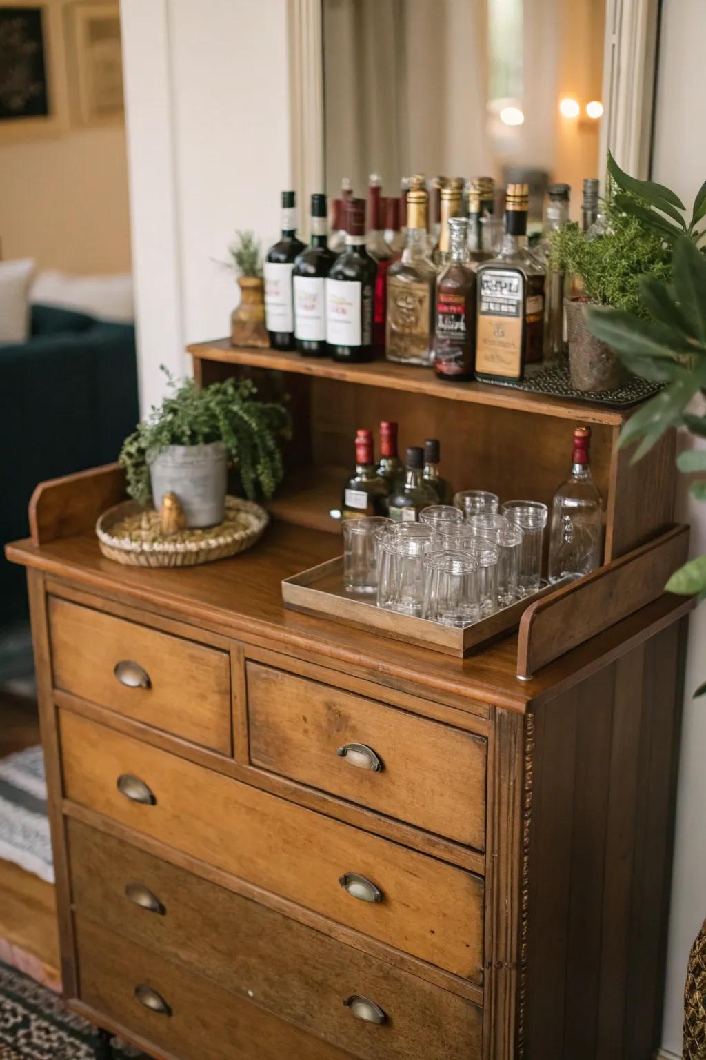 Repurposed furniture enriches your bar with character.
