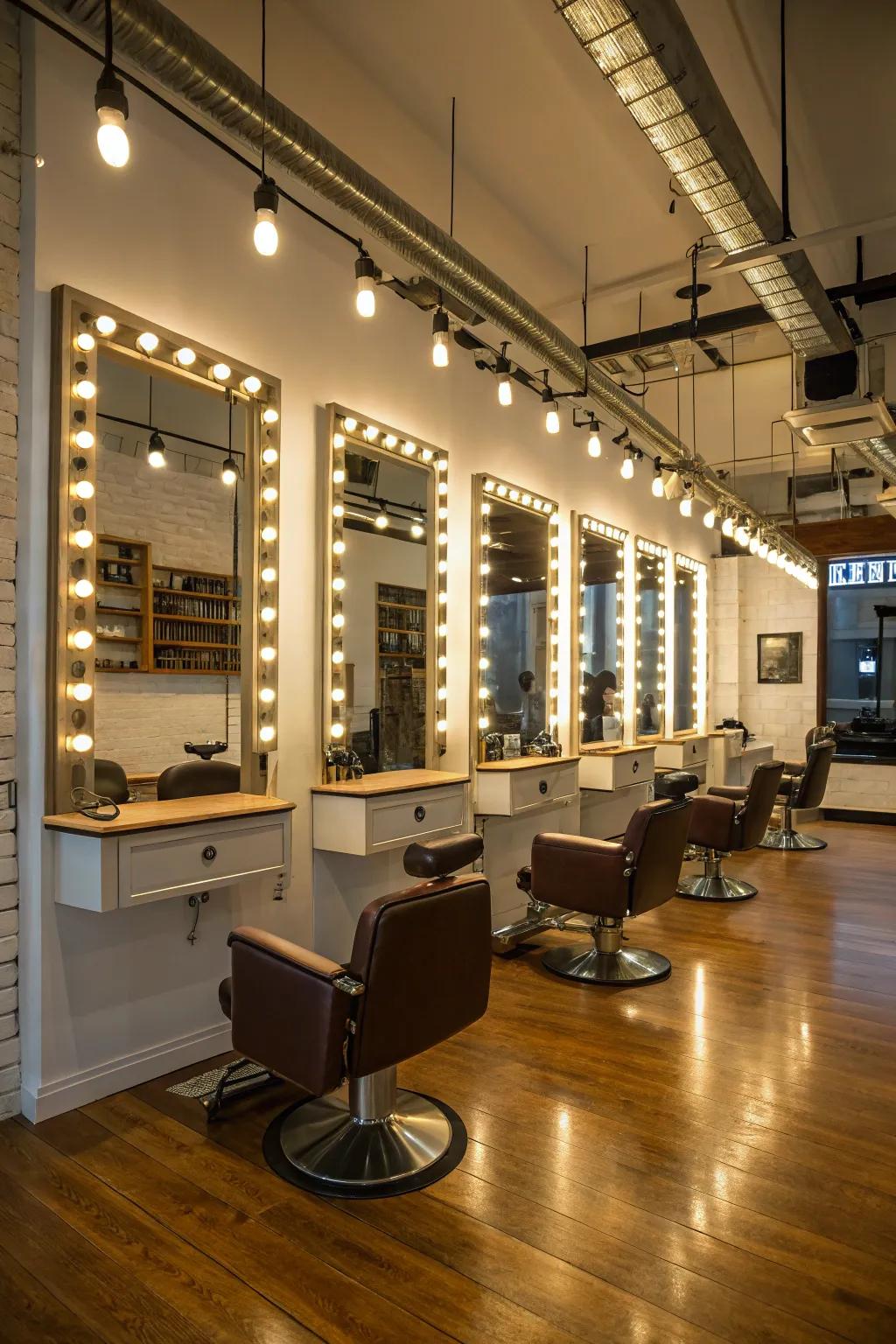 Barbershop mirrors beautifully illuminated for accuracy and aesthetic appeal.