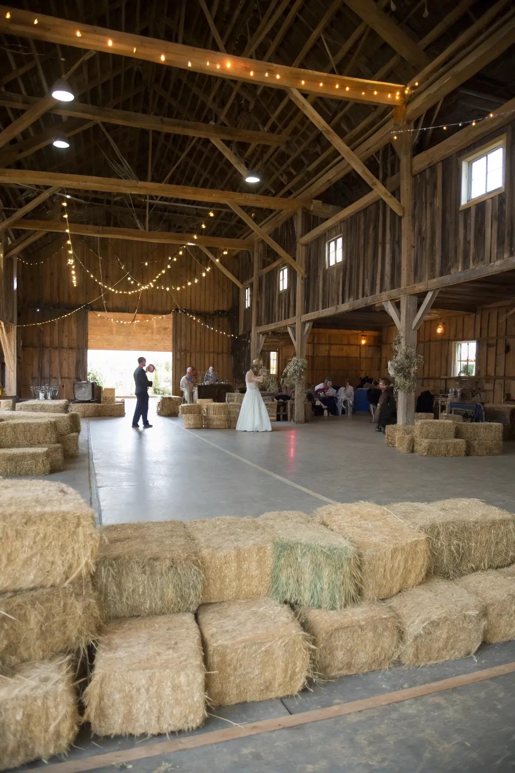 Straw seating provides both functional seating and rustic aesthetics.