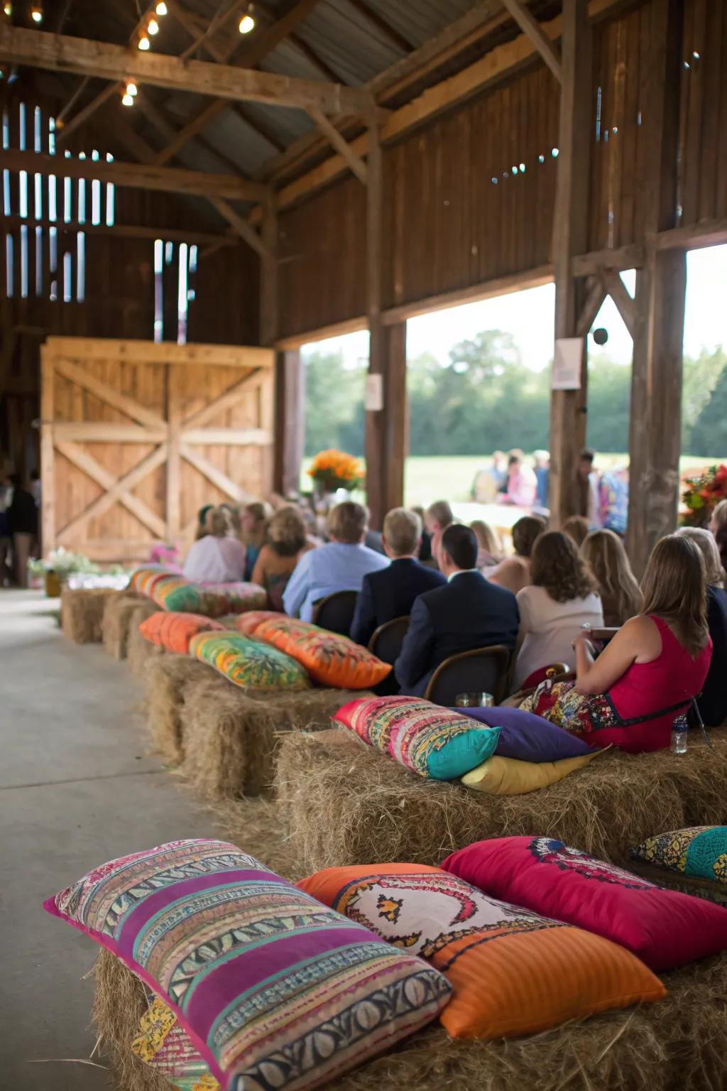 Hay bales offer relaxed and inviting seating selections.