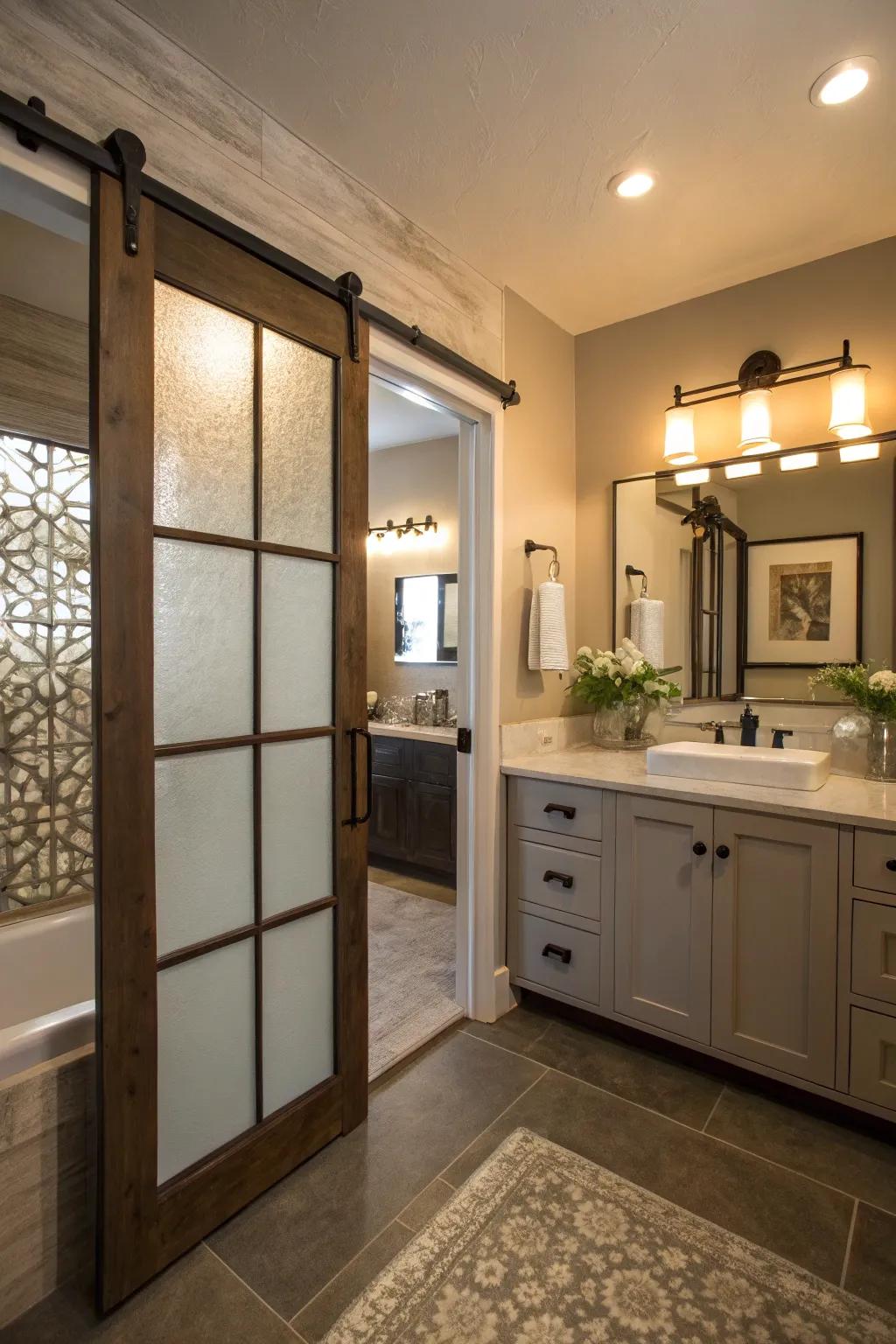 Opaque glass panels introduce a sophisticated element while upholding solitude.