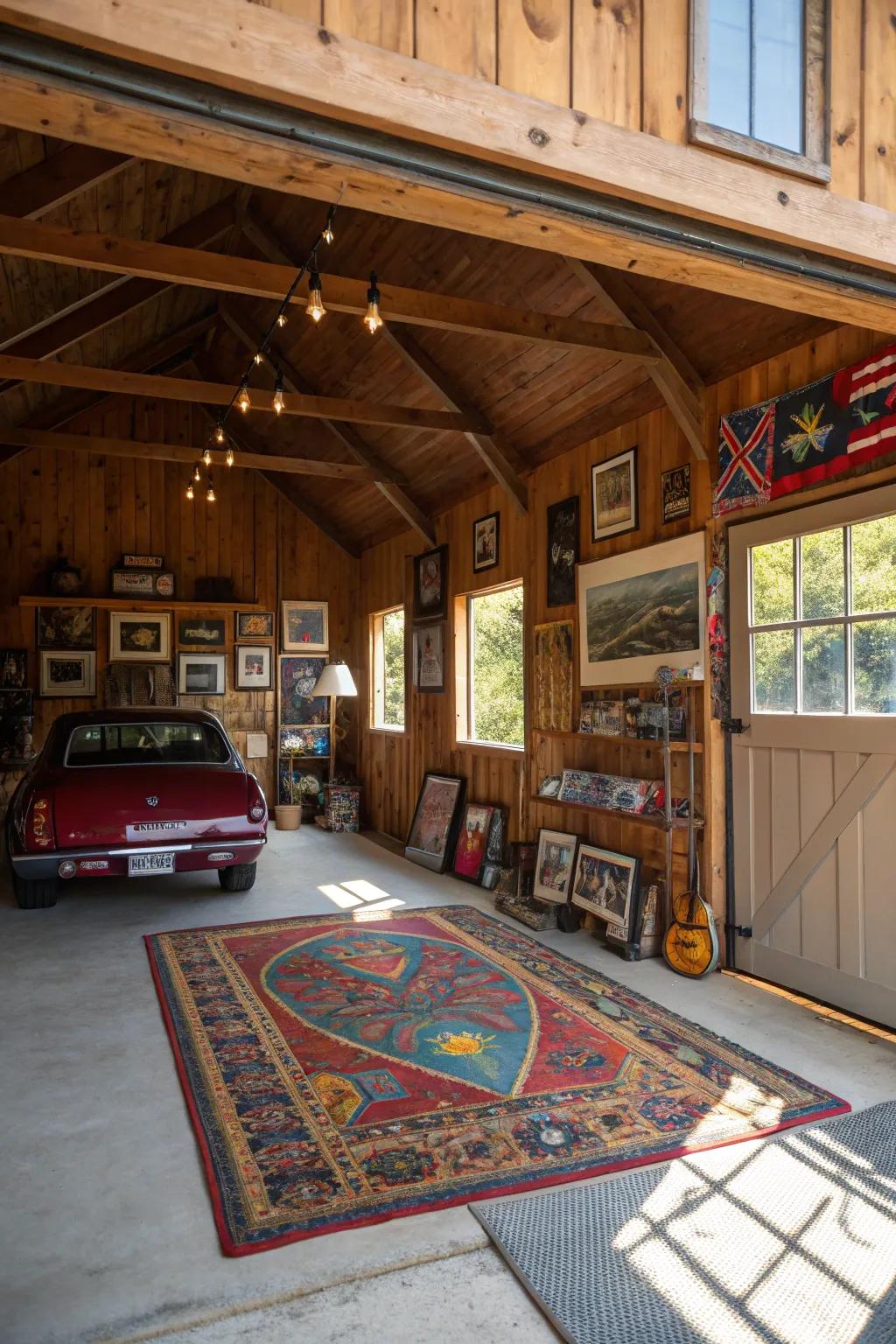 Custom touches contribute warmth to this barn garage.