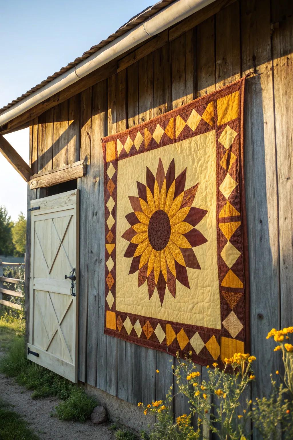 Barn quilt pattern inspired by sunflowers.