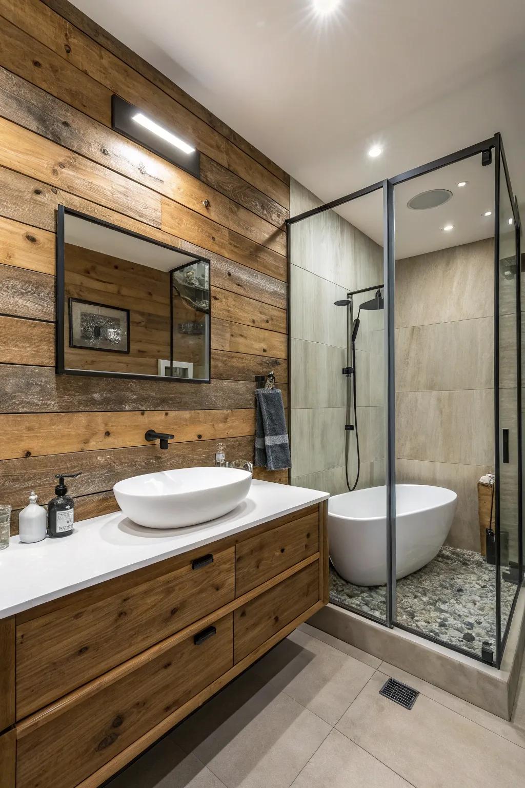 A wood plank wall contributing charm to a modern lavatory.