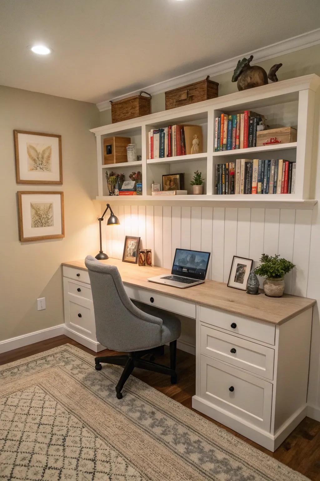 Home office featuring DIY baseboard trim coordinating with the walls.