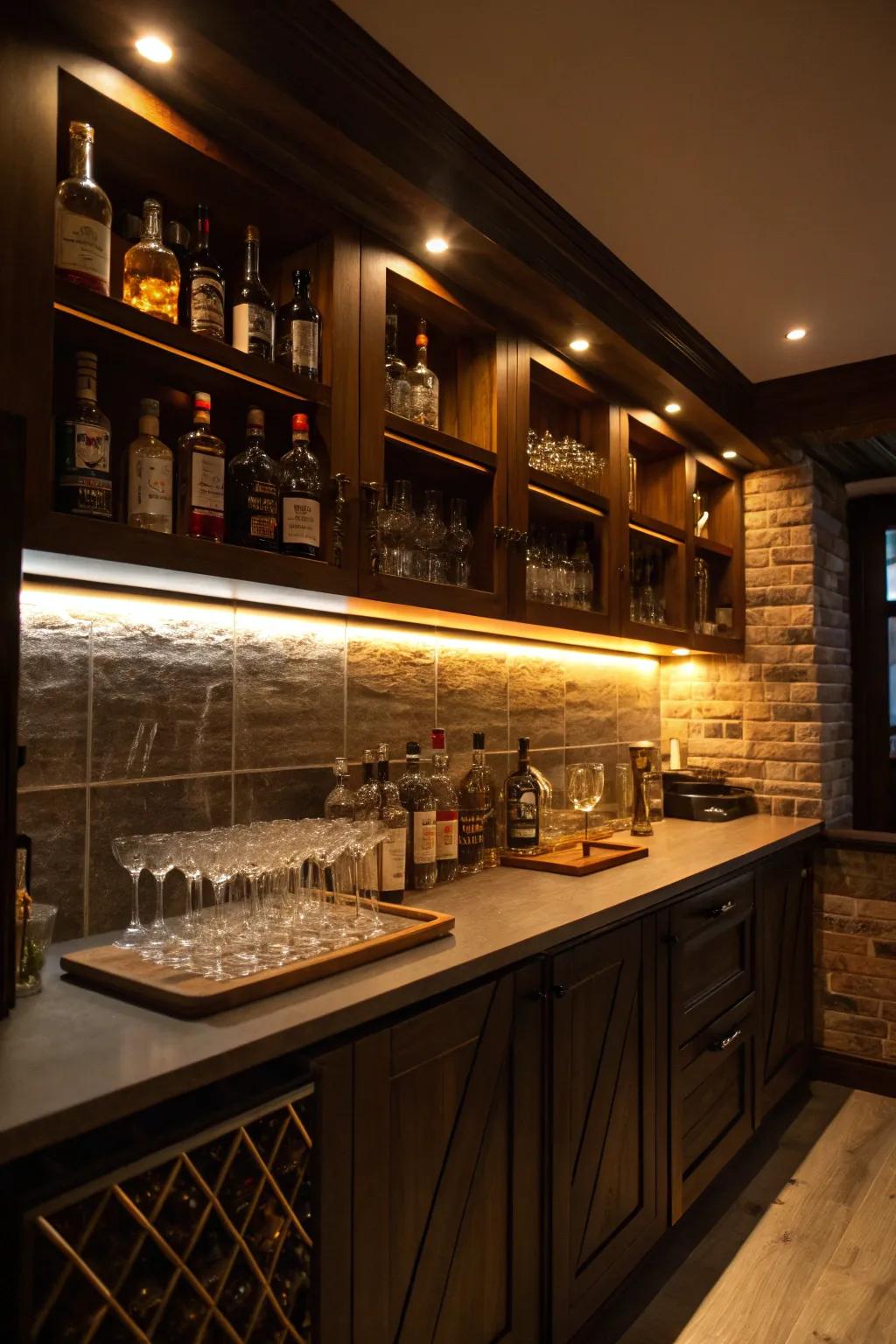 Beneath-cabinet lights add warmth and depth.