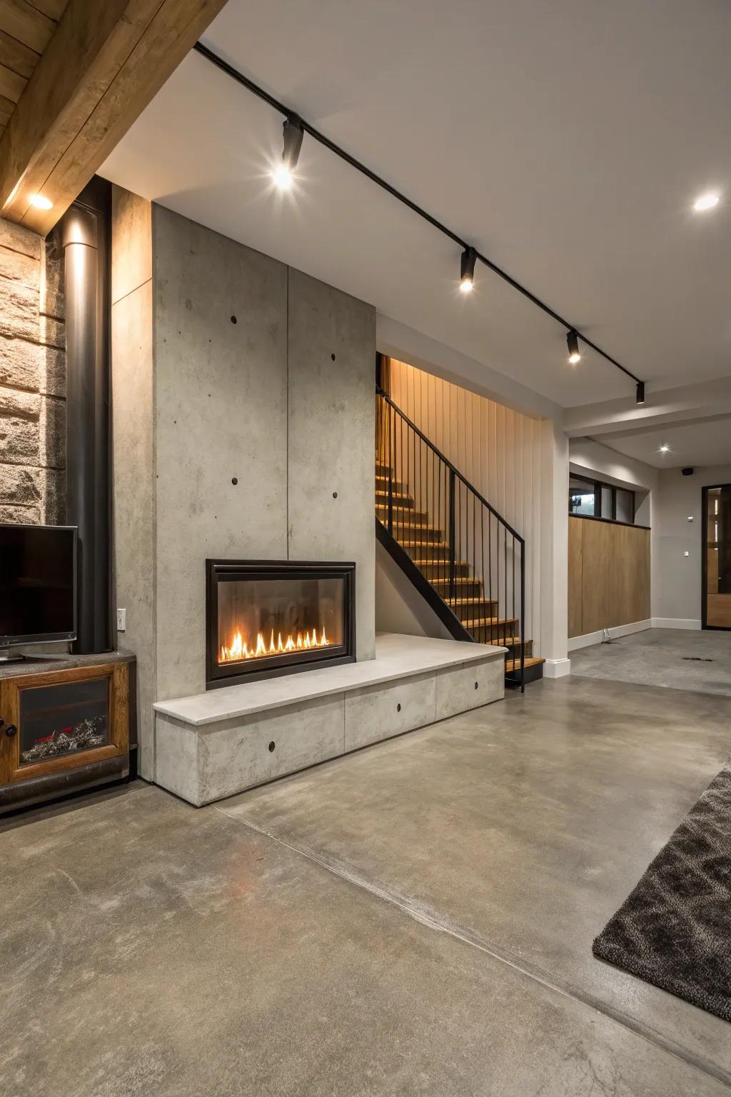 A fireplace complements concrete floors to form a warm and inviting basement escape.