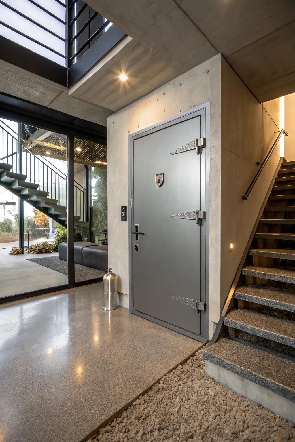 A modern steel door offers both security and style for accessing your basement.
