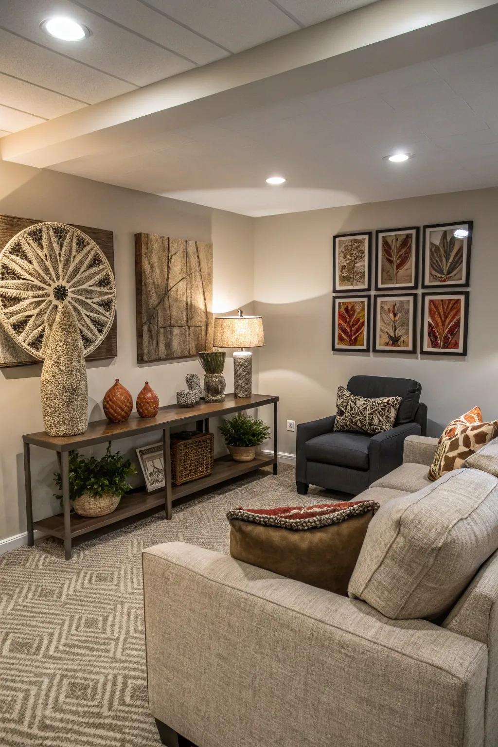 Wall art lends a personal touch to this stylish basement room.