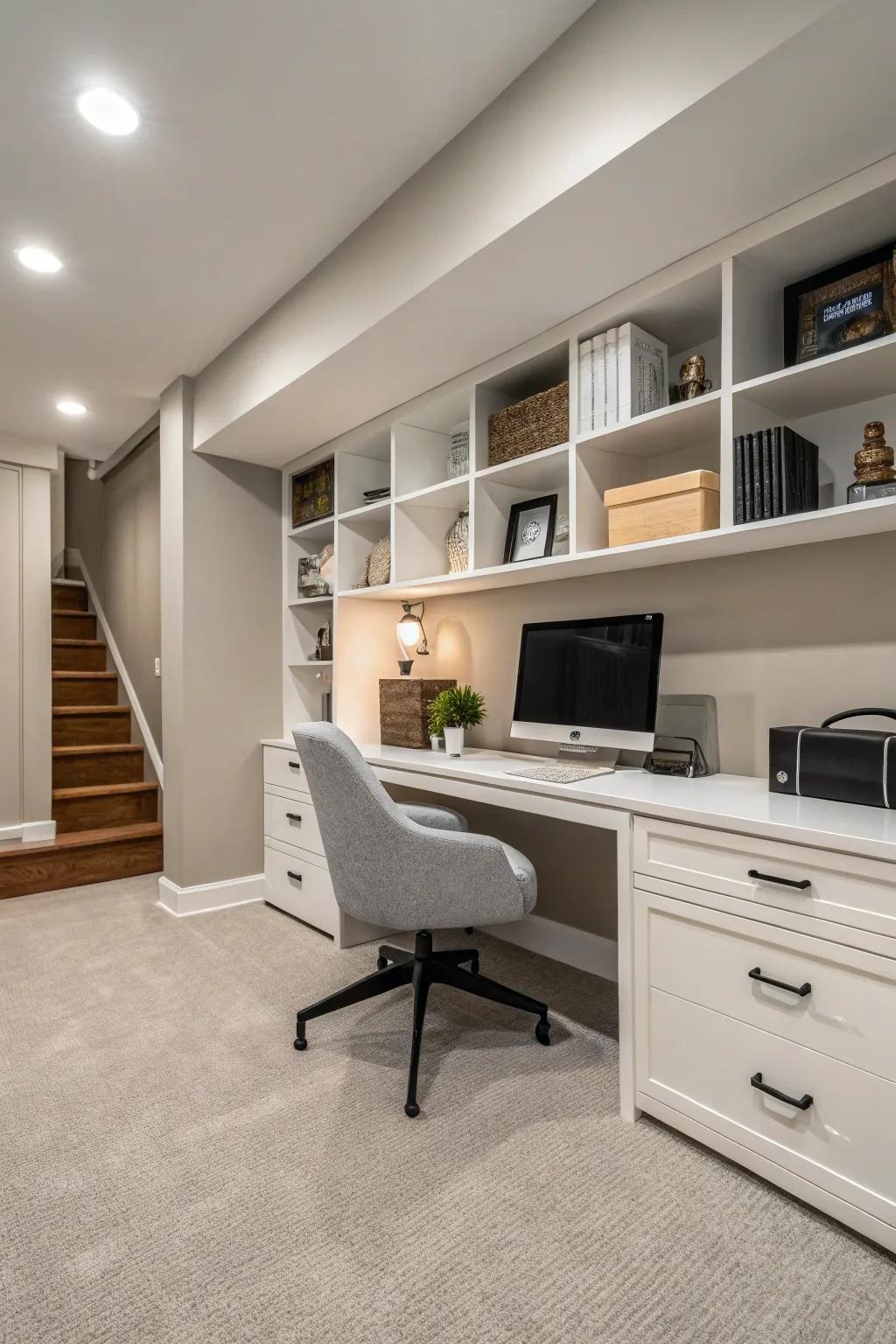 Your basement office will be organized and peaceful with minimalist furnishings.