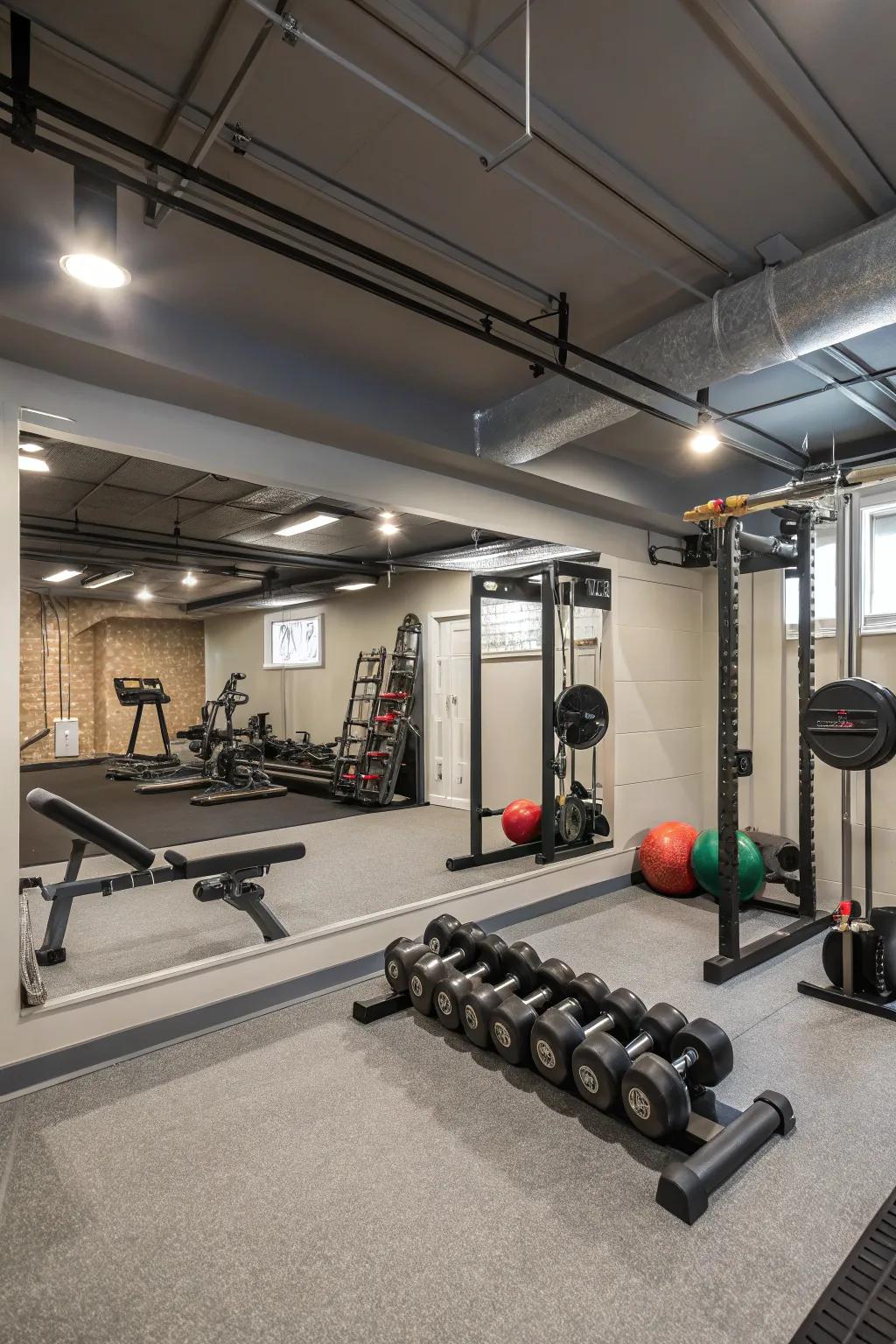 A functional home gym in the basement featuring essential exercise equipment and mirrored walls.