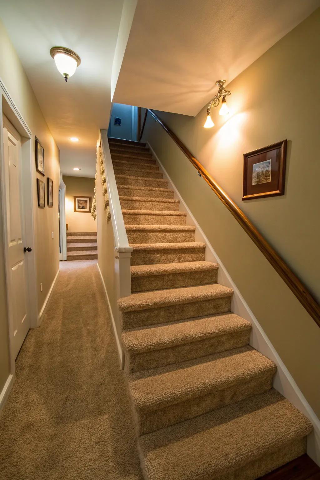 Carpeting adds warmth and safety to basement stairs.
