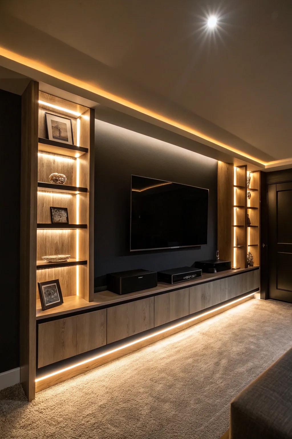 A basement TV wall aglow with ambient illumination, fostering a comfortable environment conducive to relaxation.