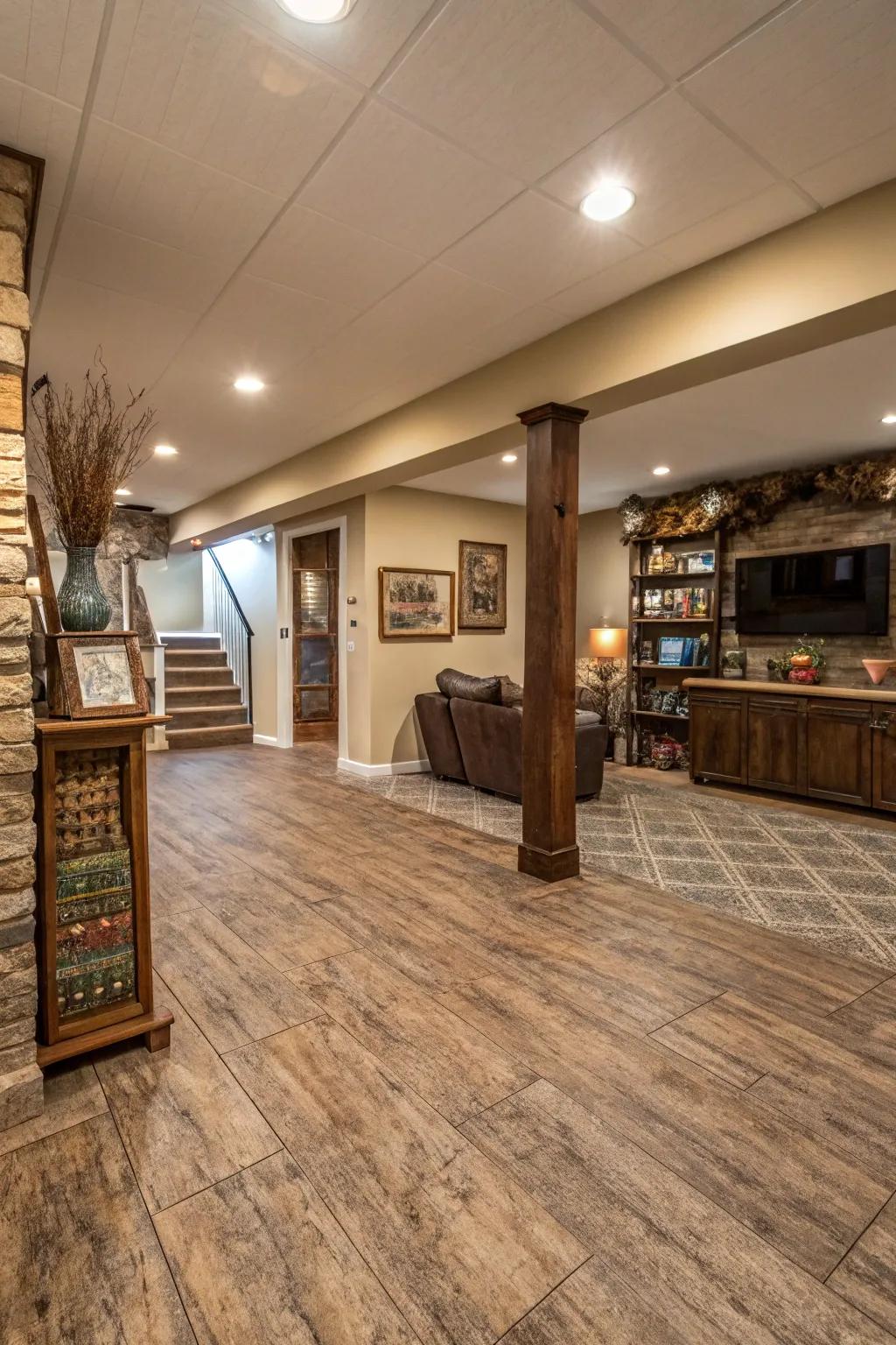 Textured vinyl flooring imparts depth and coziness.