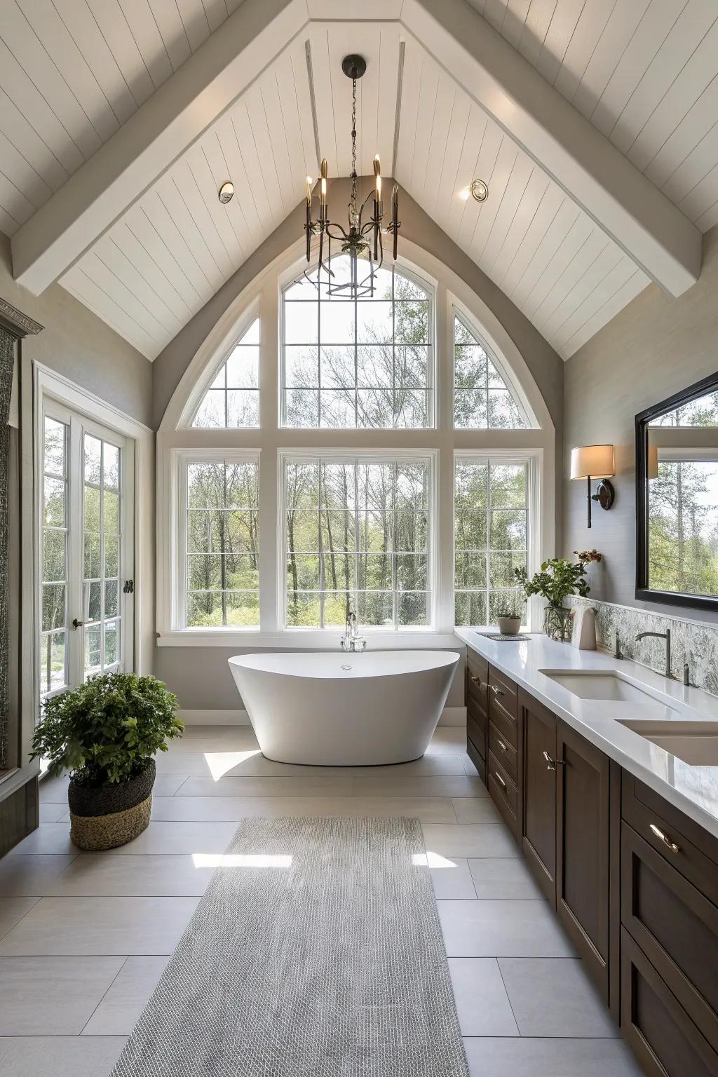 Vaulted ceilings amplify the sensation of spaciousness, making them perfect for a tranquil bathroom setting.