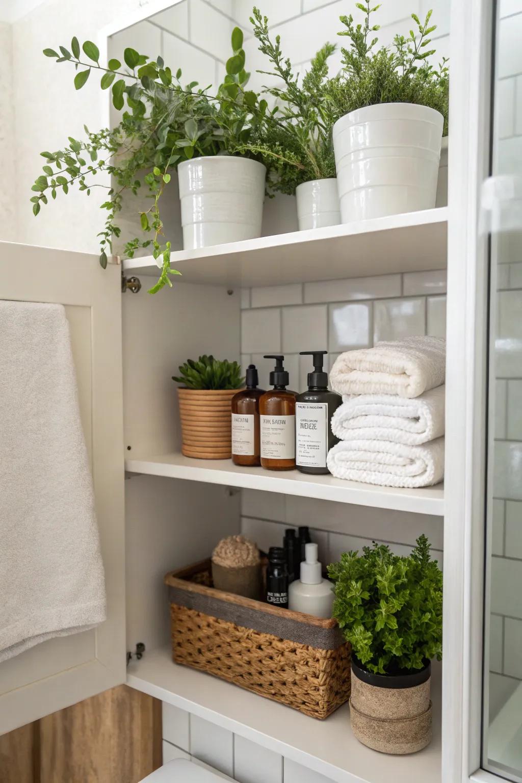 Plants infuse a vibrant, natural essence into your bathroom closet.