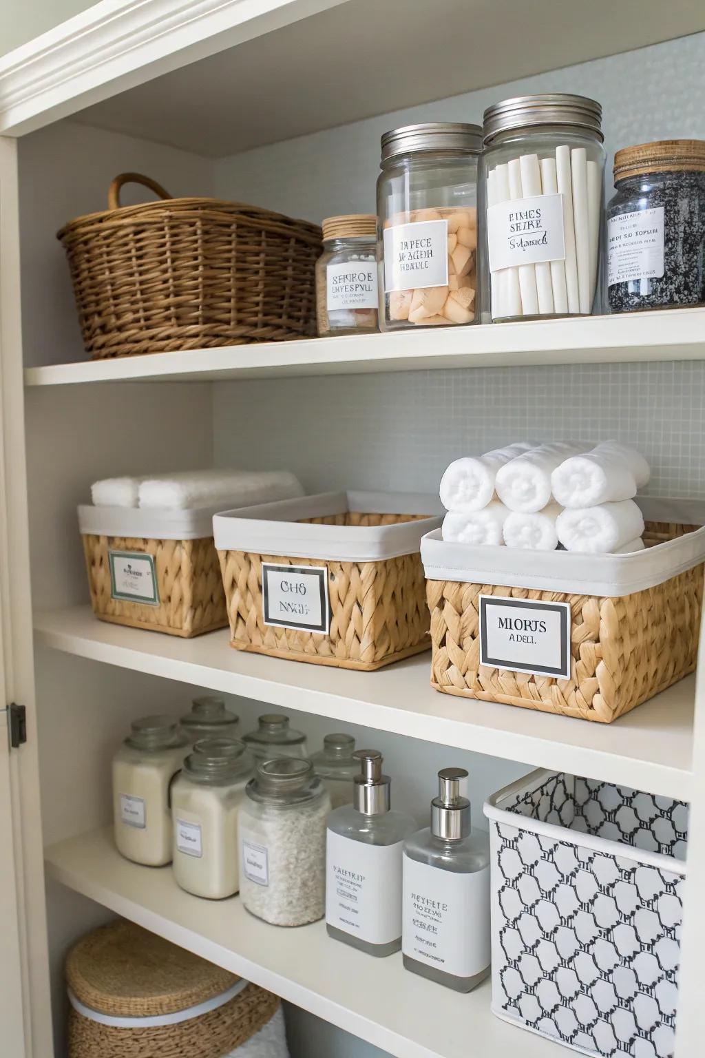 Baskets and jars clearly labeled for straightforward and effective organization.