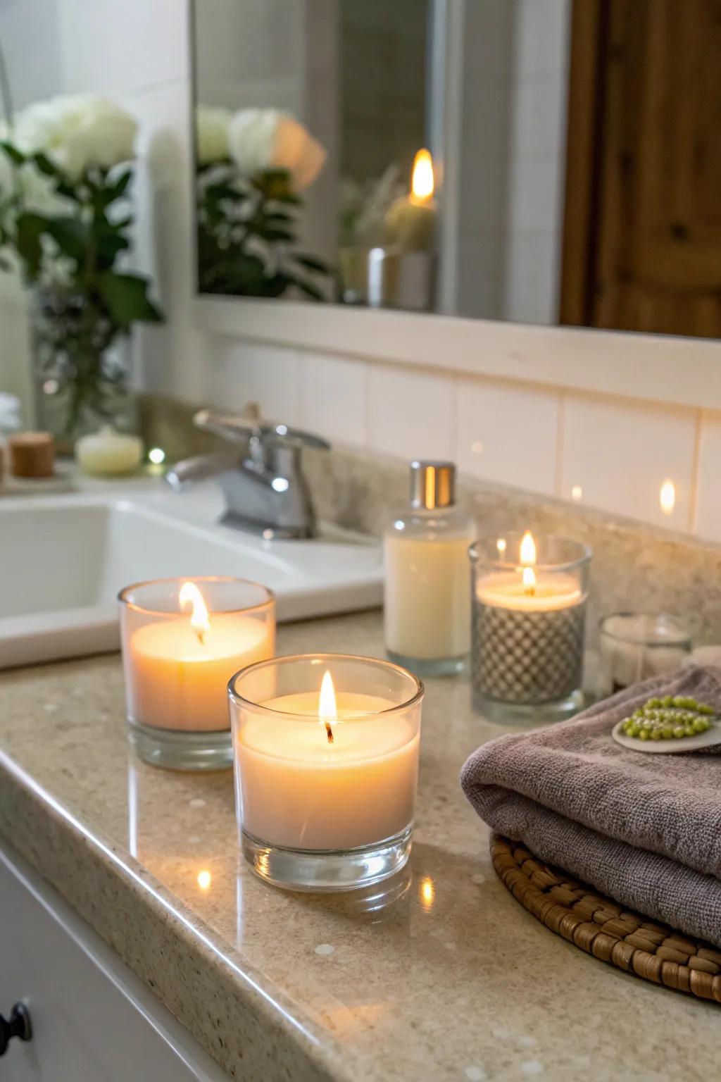 Aromatic wax lights provide warmth and coziness to your bathroom area.