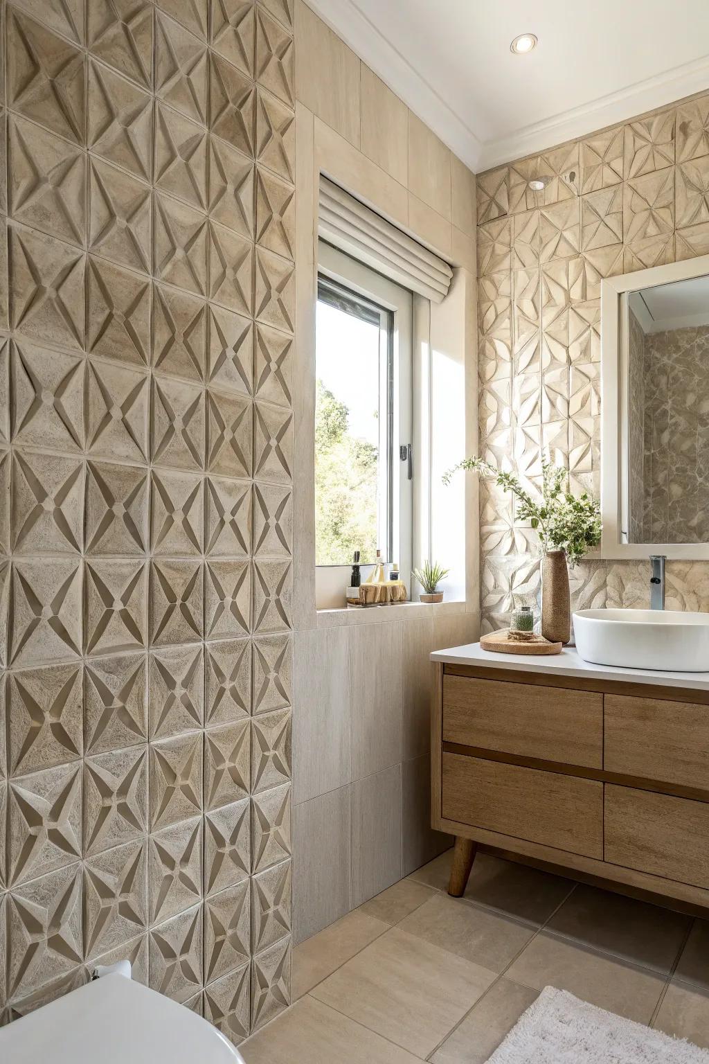 Surfaced tiles fashion a lively and captivating scene in any bathroom.