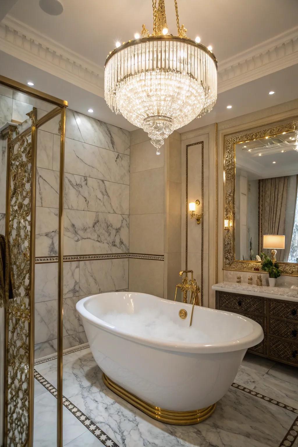 An extravagant chandelier lends an element of luxury.