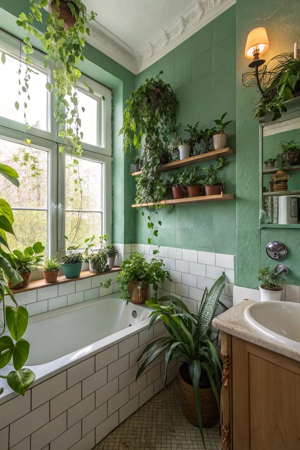 Nature-inspired greens create a revitalizing bathroom atmosphere.
