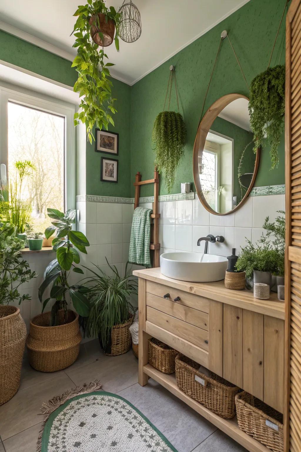 A nature-inspired bathroom showcasing vibrant green walls.