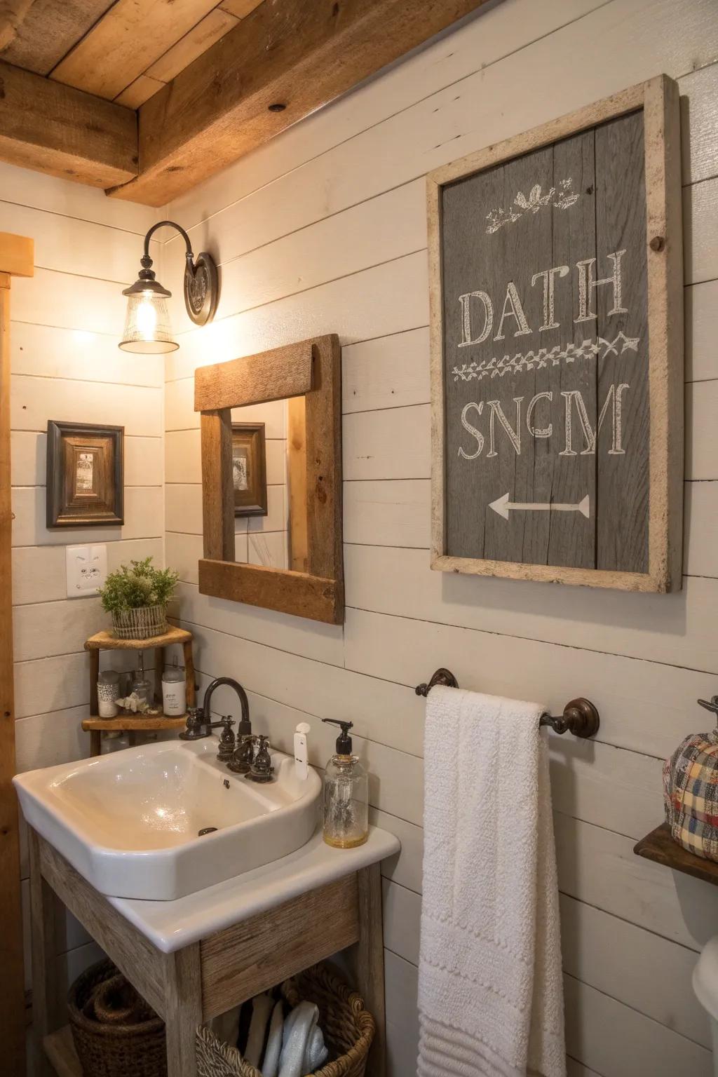 Enrich your bathroom through rustic wood-framed markers.