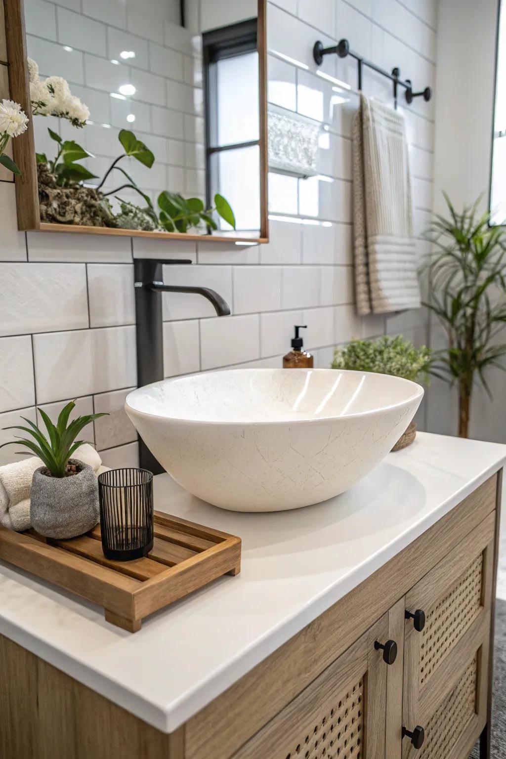 A raised sink that stands out as a bathroom showpiece.