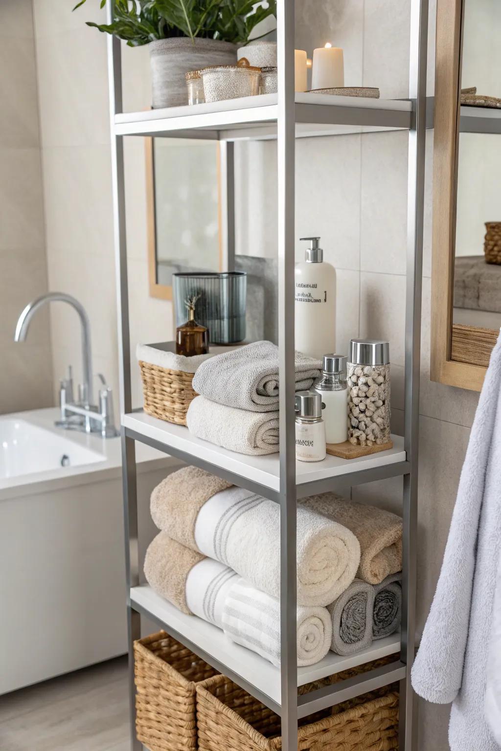 Get the most out of available area utilizing shelving that serves a dual role as towel storage.