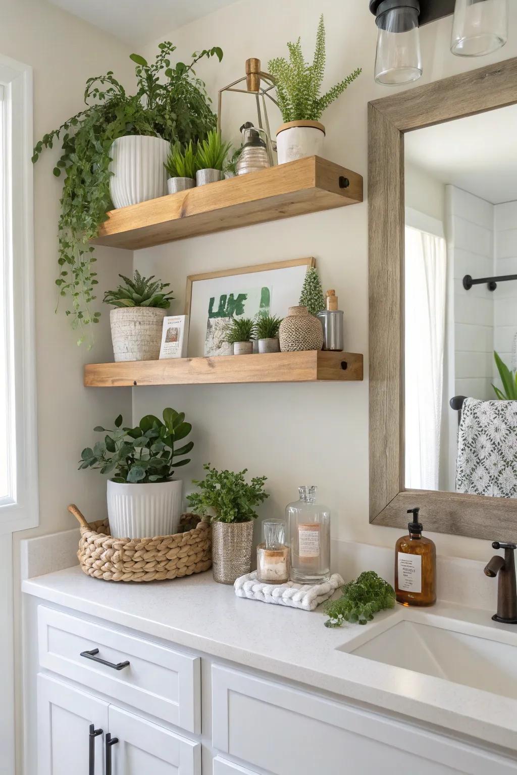 Floating shelves enhance storage and design.