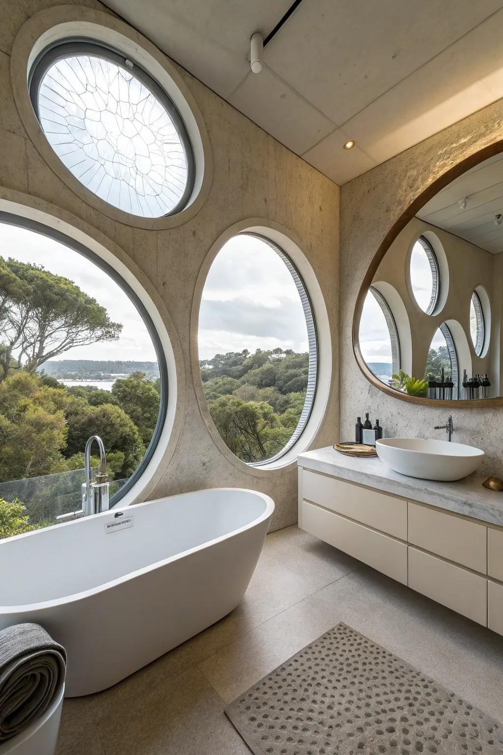 Circular windows create architectural intrigue in a contemporary bathroom.