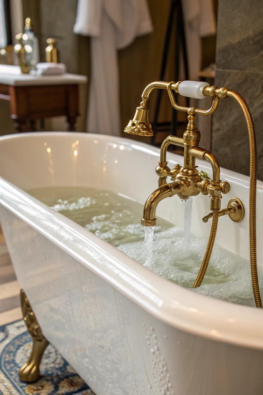 Brass hardware incorporates a luxurious aspect to this bathtub.