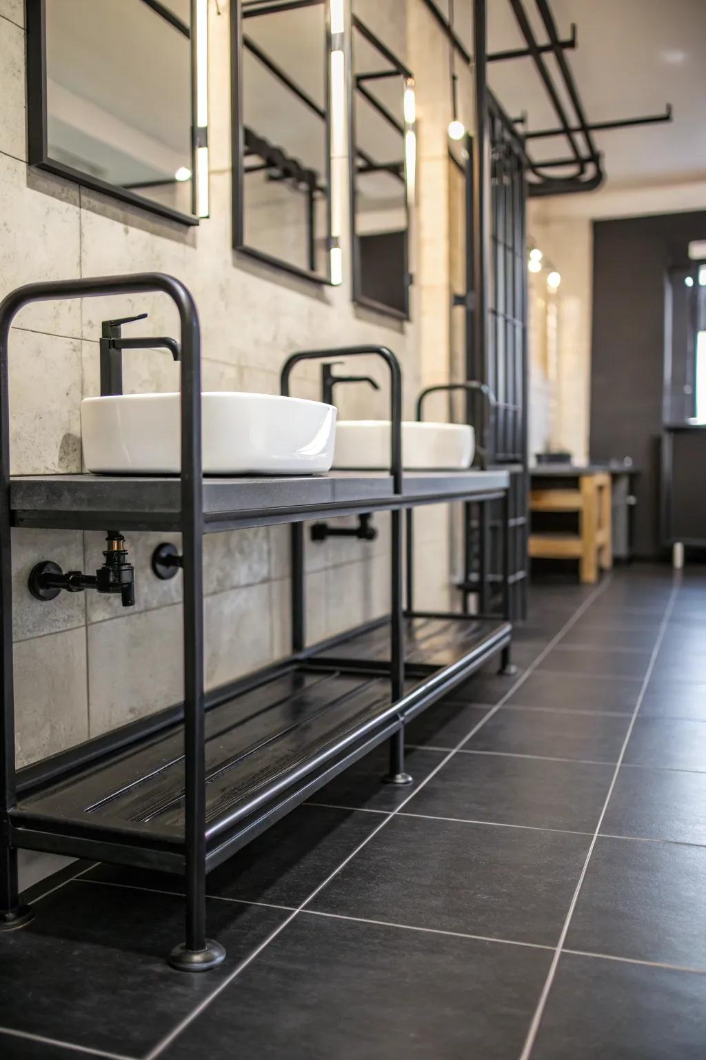 Factory-inspired fixtures bring a modern sharpness to the elegance of a dark-toned floor.
