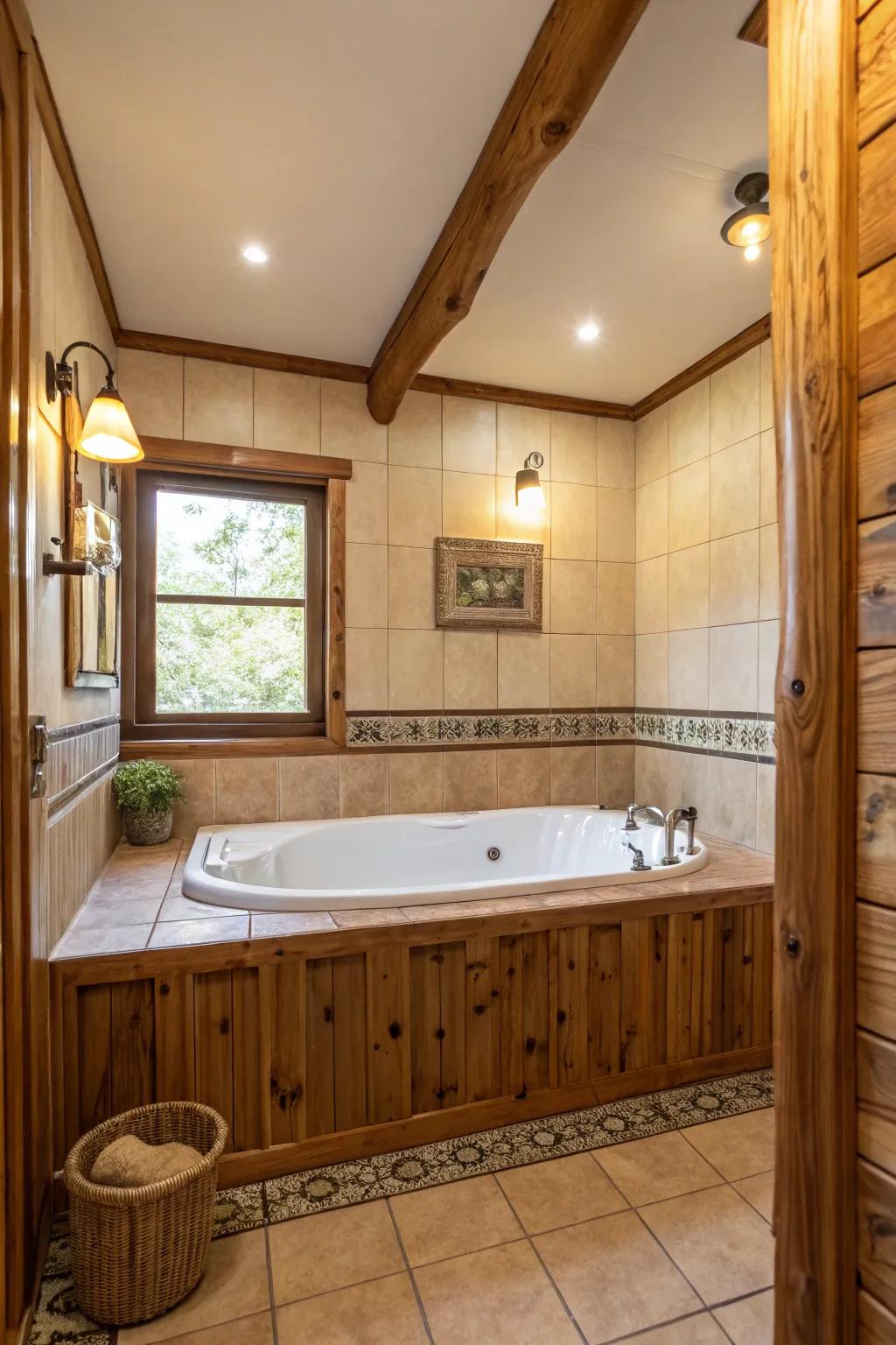 A tub surrounded by wood features creates a cozy and welcoming atmosphere.