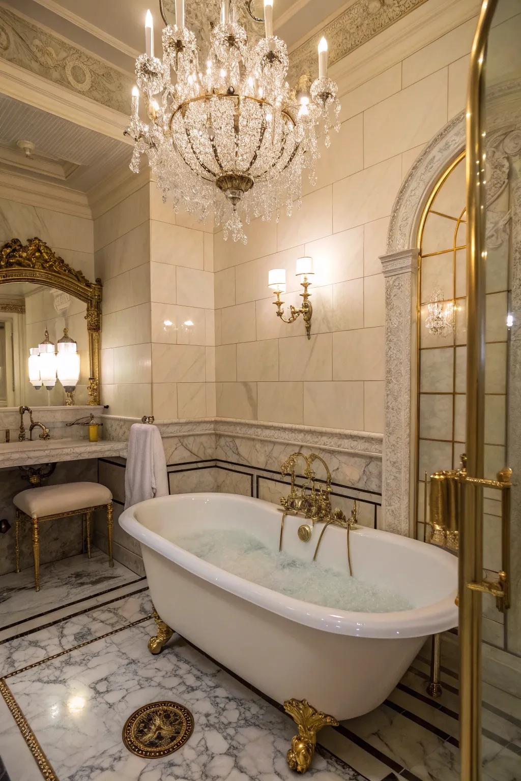 A chandelier positioned above the bathtub bestows a glamorous accent to this bathroom.