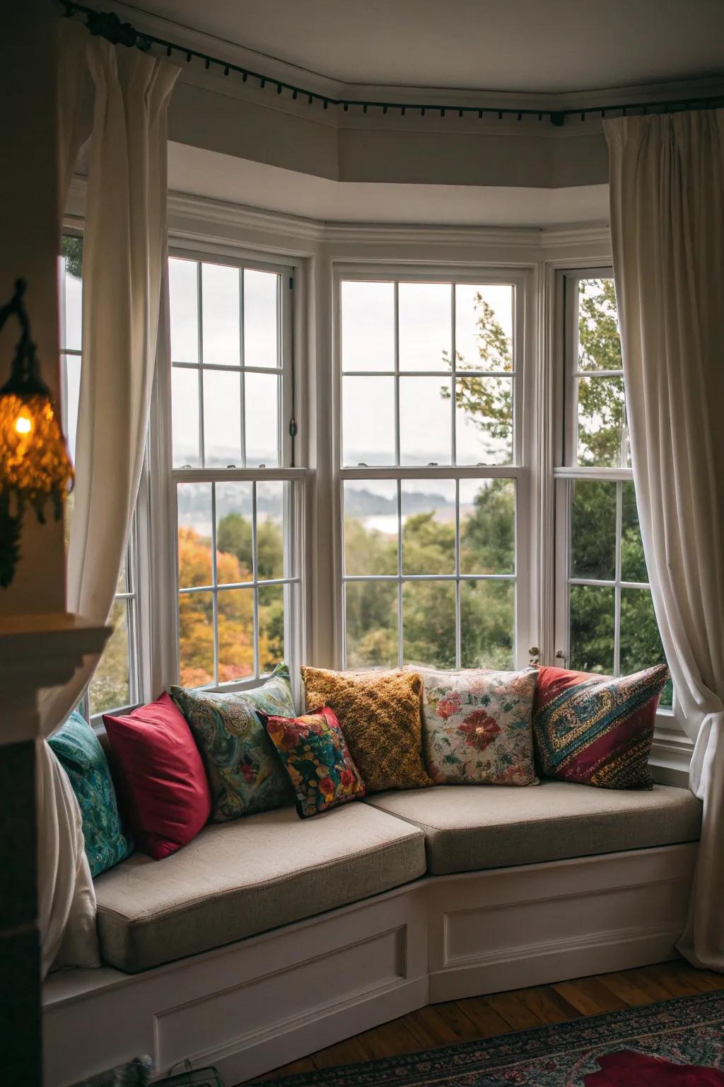 A sofa nestled in the bay window offers the perfect nook for relaxation and admiring the scenery.